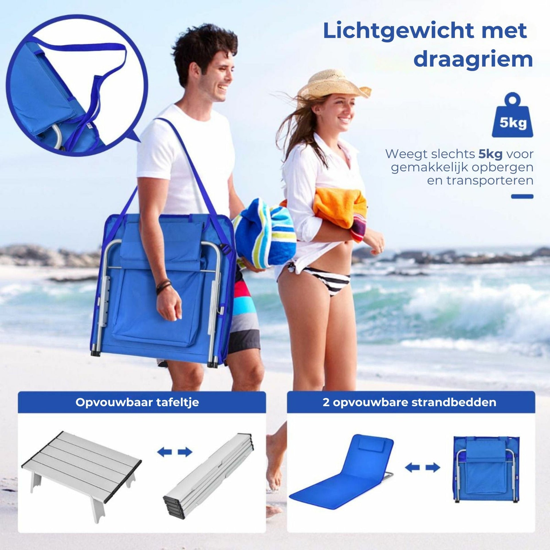 3-delige strandmatset blauw – verstelbare stoelen met klaptafel en kussens