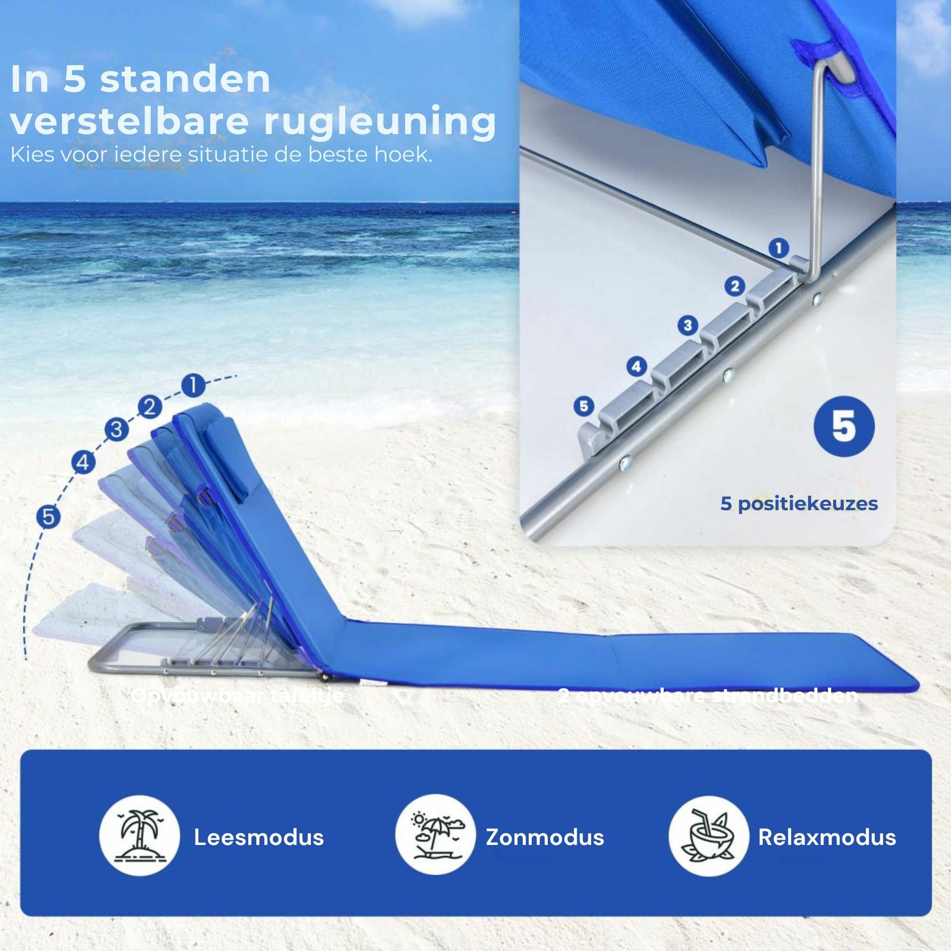 3-delige strandmatset blauw – verstelbare stoelen met klaptafel en kussens