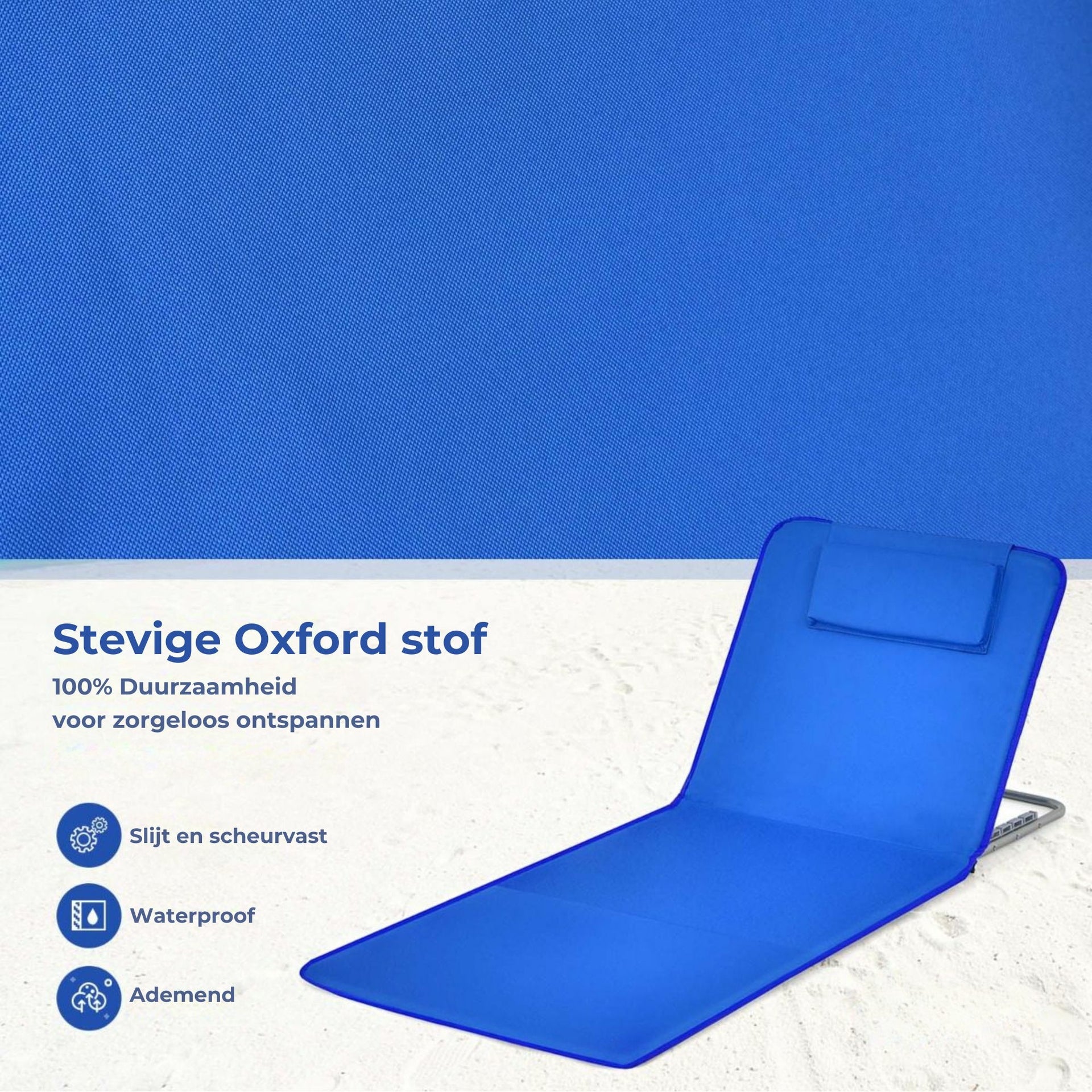 3-delige strandmatset blauw – verstelbare stoelen met klaptafel en kussens