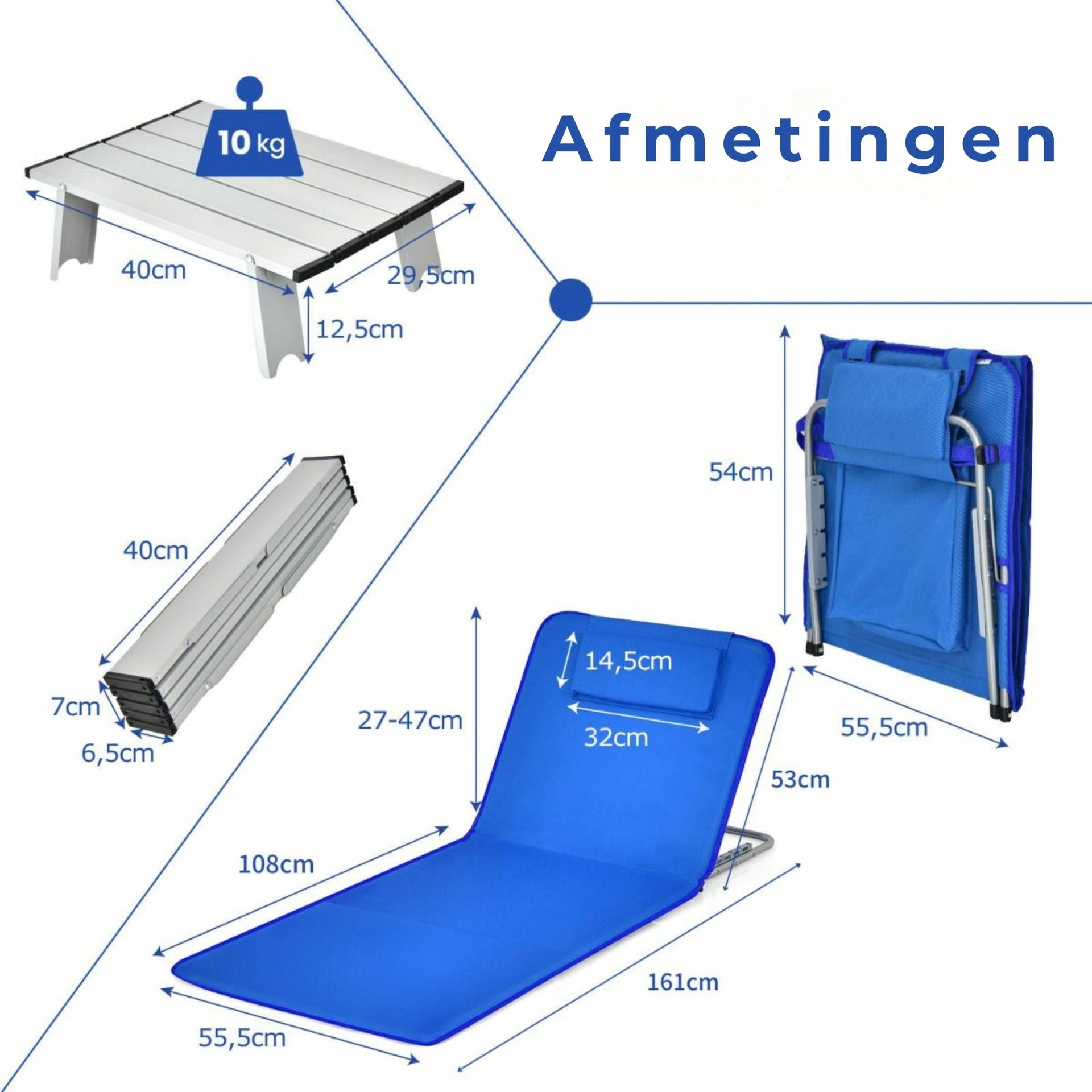 3-delige strandmatset blauw – verstelbare stoelen met klaptafel en kussens