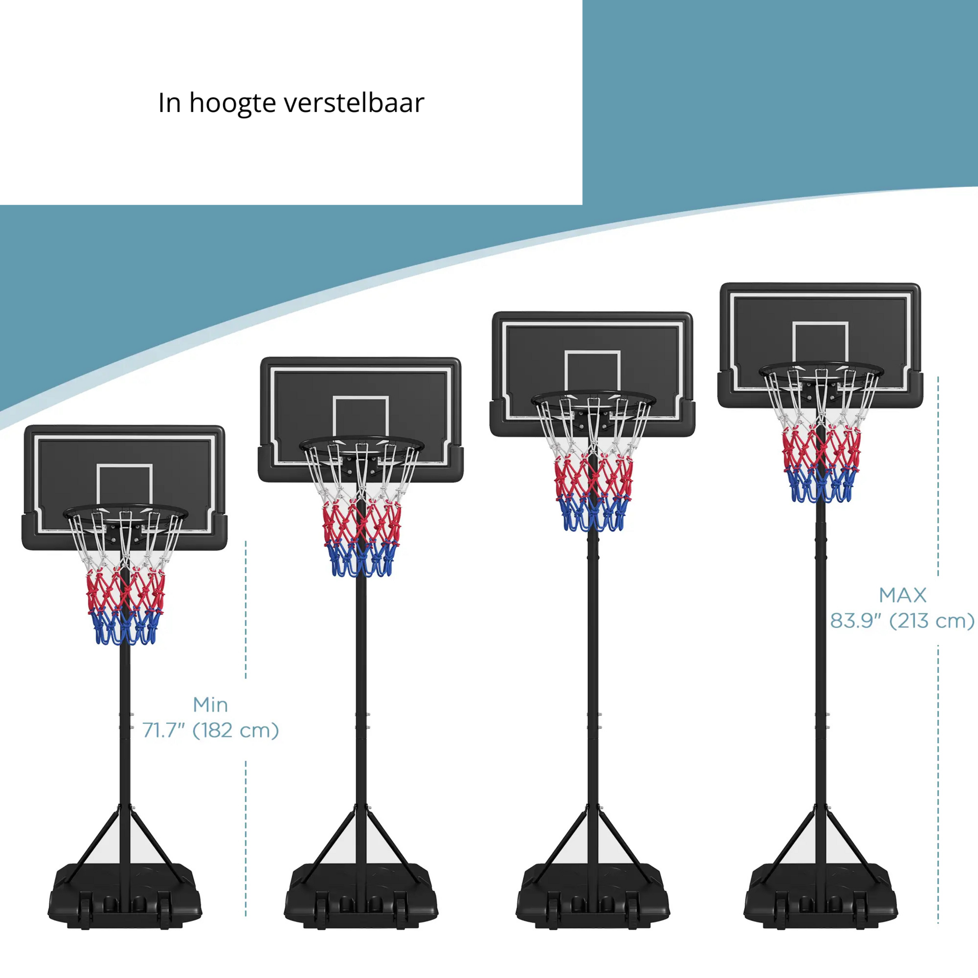 Verstelbare verrijdbare basketbalpaal zwart – 1,82–2,13 m