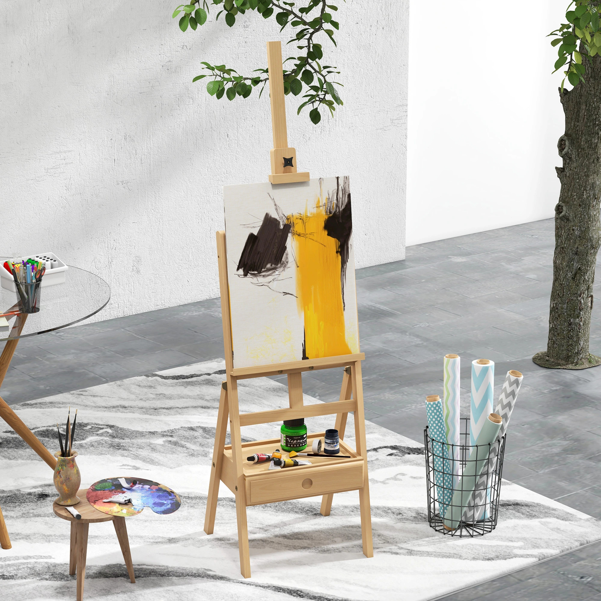Verstelbare schildersezel met lade voor comfortabel schilderen. 150-190 cm