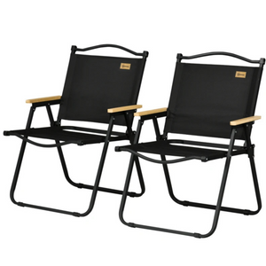Set van 2 zwarte campingstoelen – lichtgewicht staal en opvouwbaar met houten armleuningen voor comfortabel buitengebruik