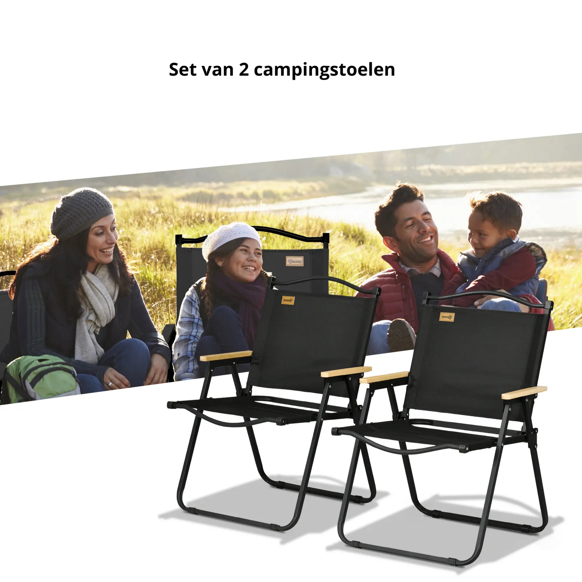 Set van 2 zwarte campingstoelen – lichtgewicht staal en opvouwbaar