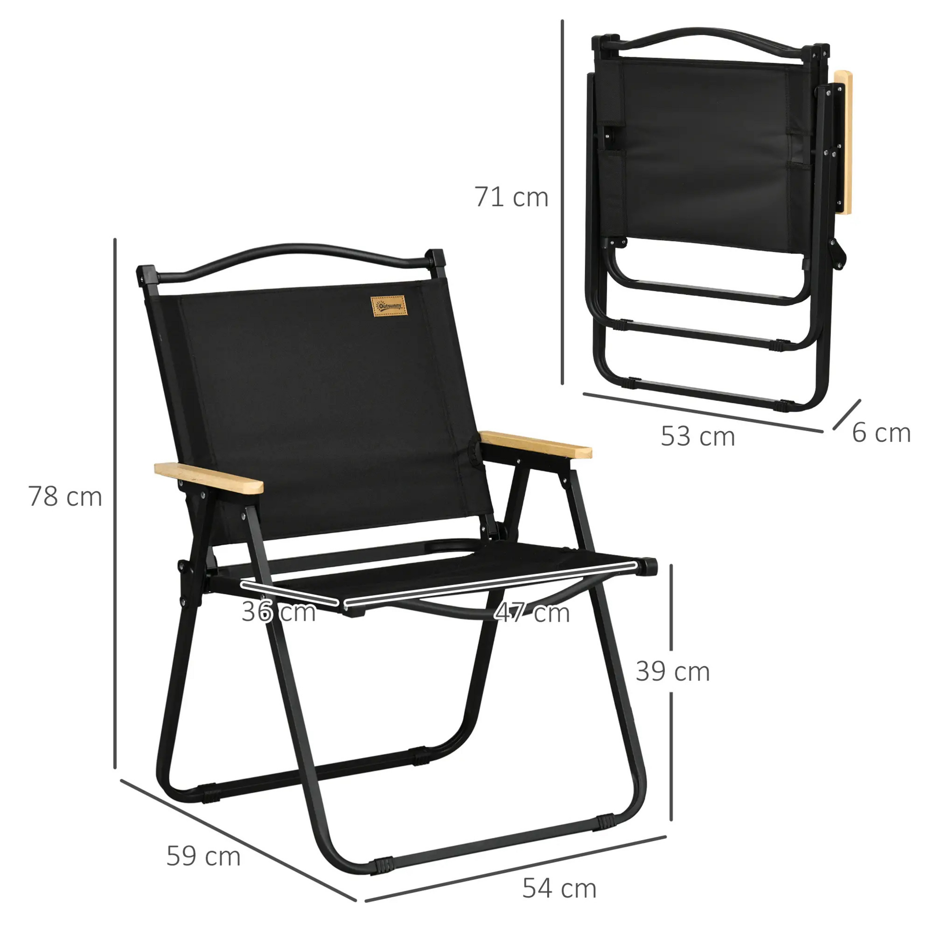 Set van 2 zwarte campingstoelen – lichtgewicht staal en opvouwbaar