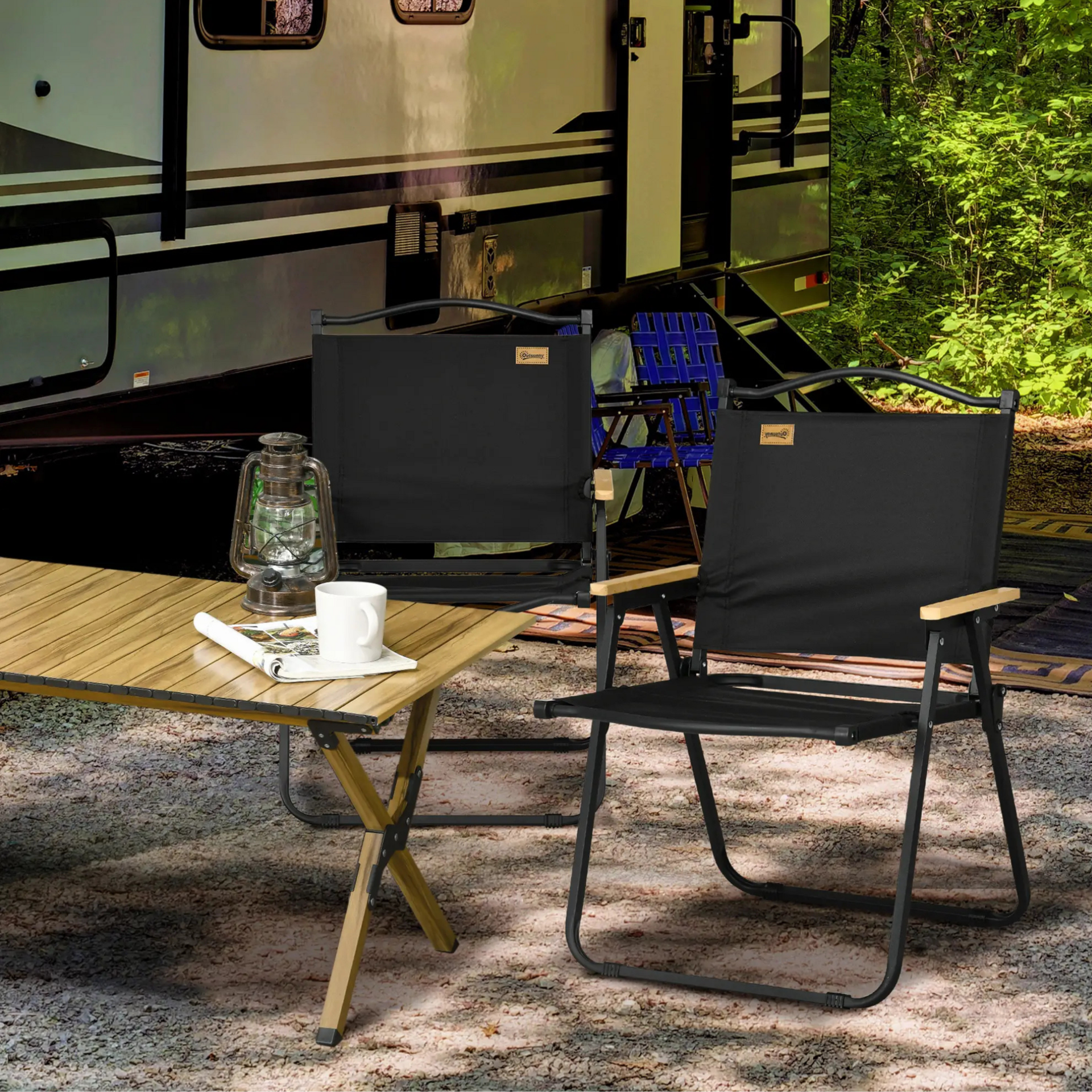 Set van 2 zwarte campingstoelen – lichtgewicht staal en opvouwbaar