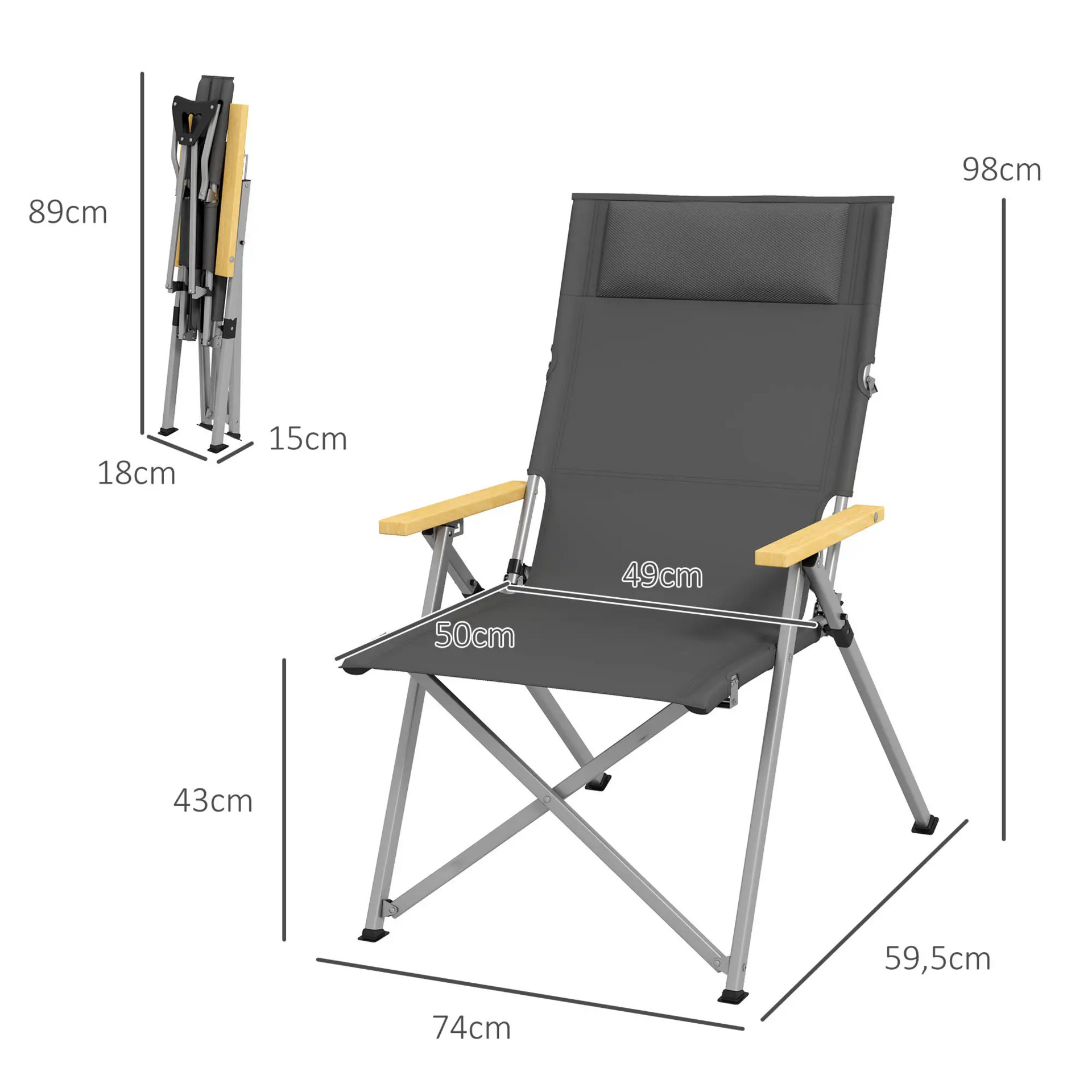 Opvouwbare campingstoel antraciet – licht aluminium en verstelbare rugleuning