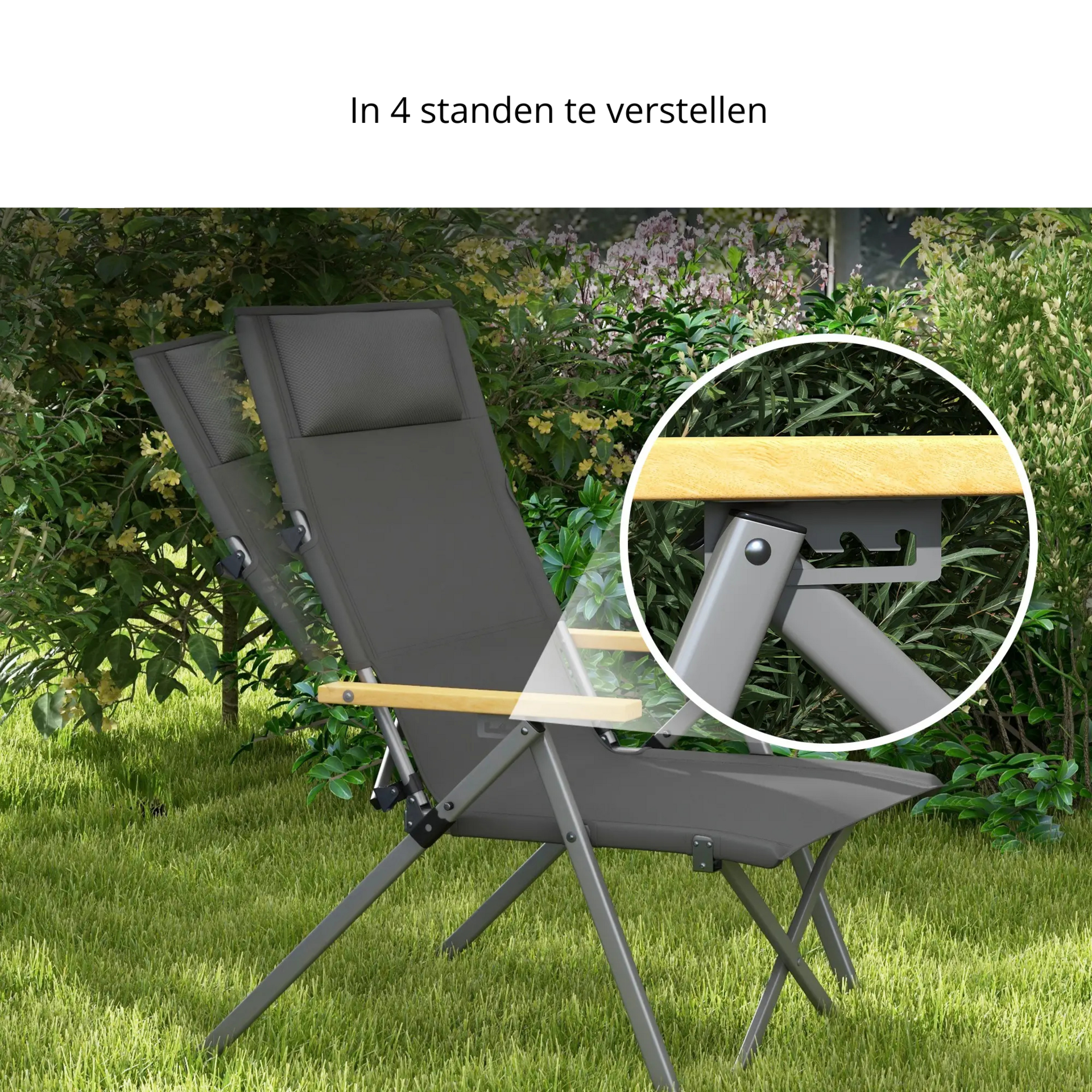 Opvouwbare campingstoel antraciet – licht aluminium en verstelbare rugleuning