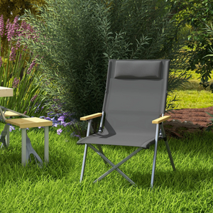 Opvouwbare campingstoel antraciet – licht aluminium frame met verstelbare rugleuning en comfortabele armleuningen