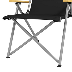 Campingstoel zwart aluminium 74x59,5x98 cm – stevige lichtgewicht frame met houten armleuningen en verstelbare zitting
