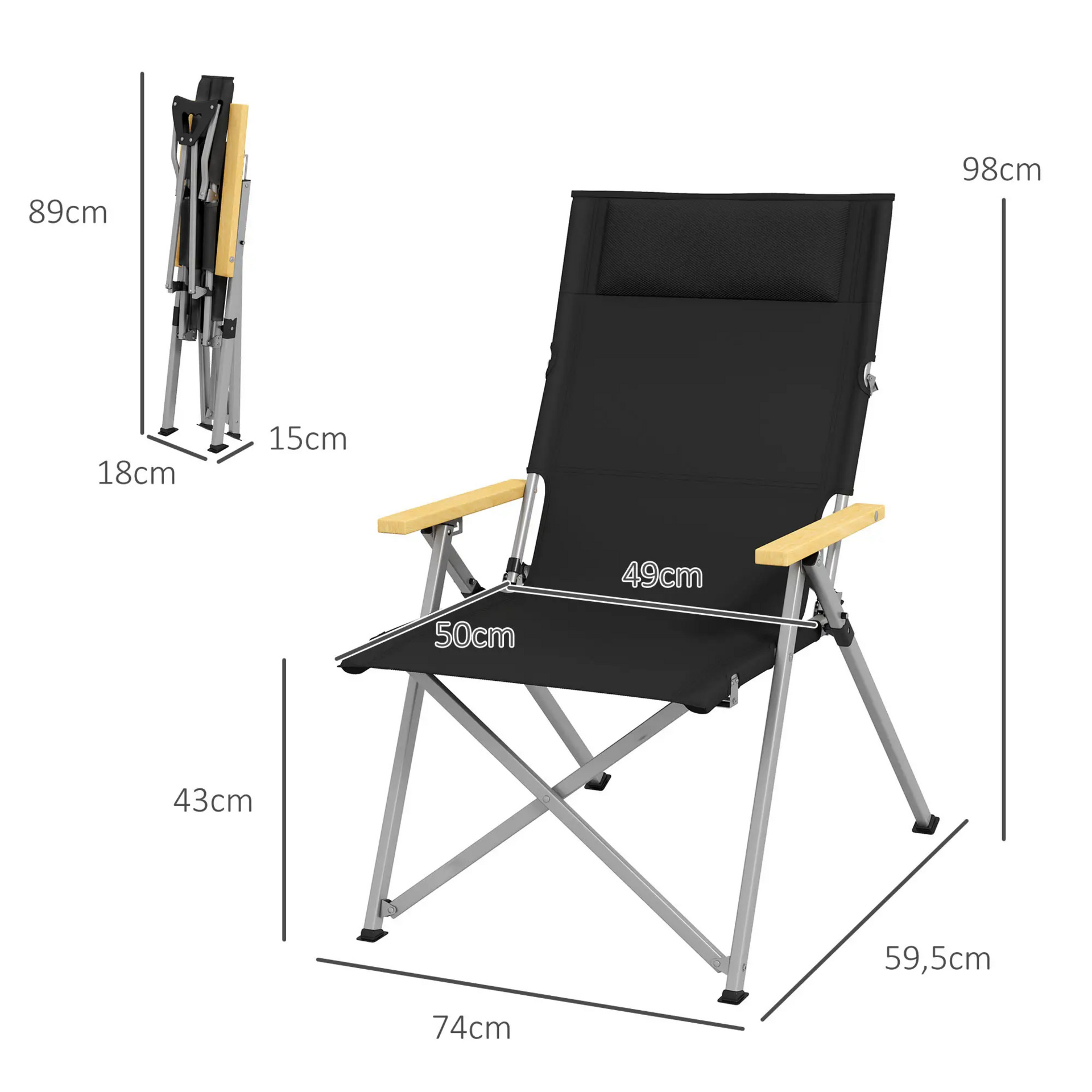 Campingstoel zwart aluminium 74x59,5x98 cm – verstelbaar en draagbaar