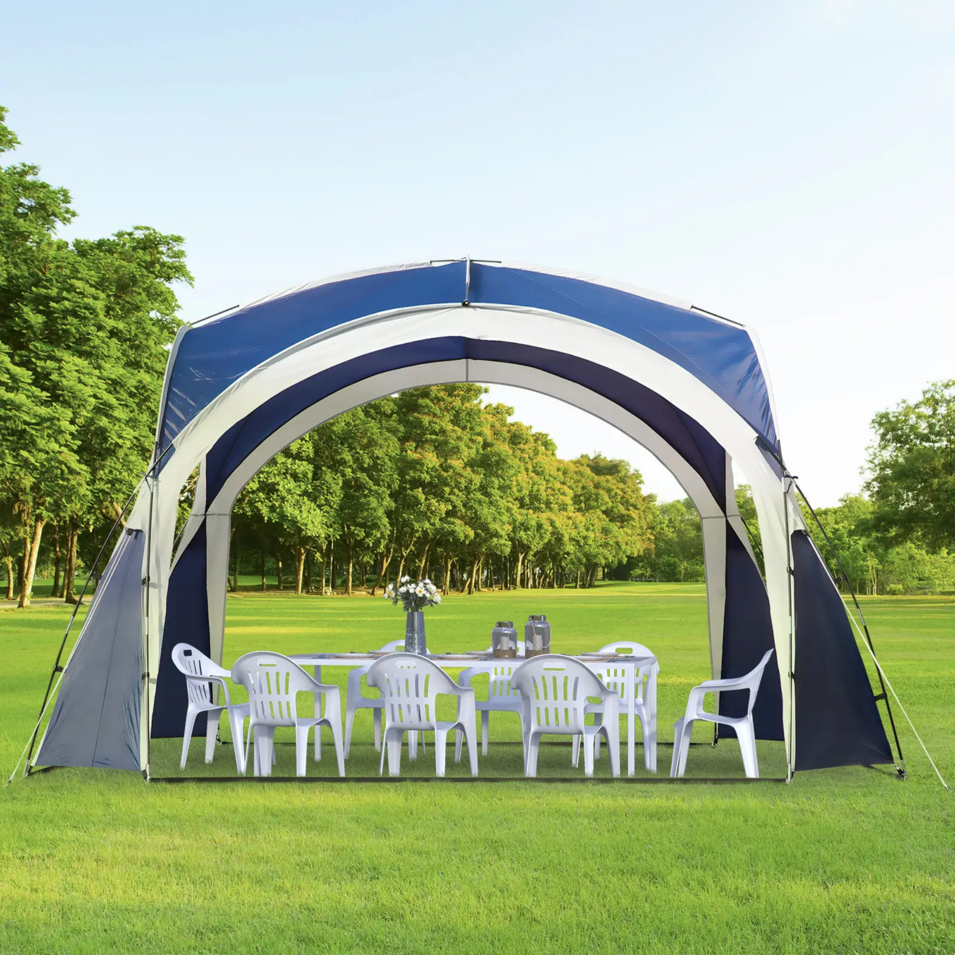 Blauw tuinpaviljoen partytent 3,5x3,5 m met koepeldak voor tuinfeest of schaduw
