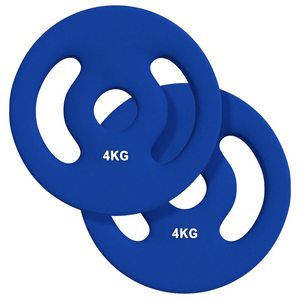 Halterschijven set van 2×4 kg voor krachttraining en spieropbouw met stevige grip handgrepen en blauwe afwerking