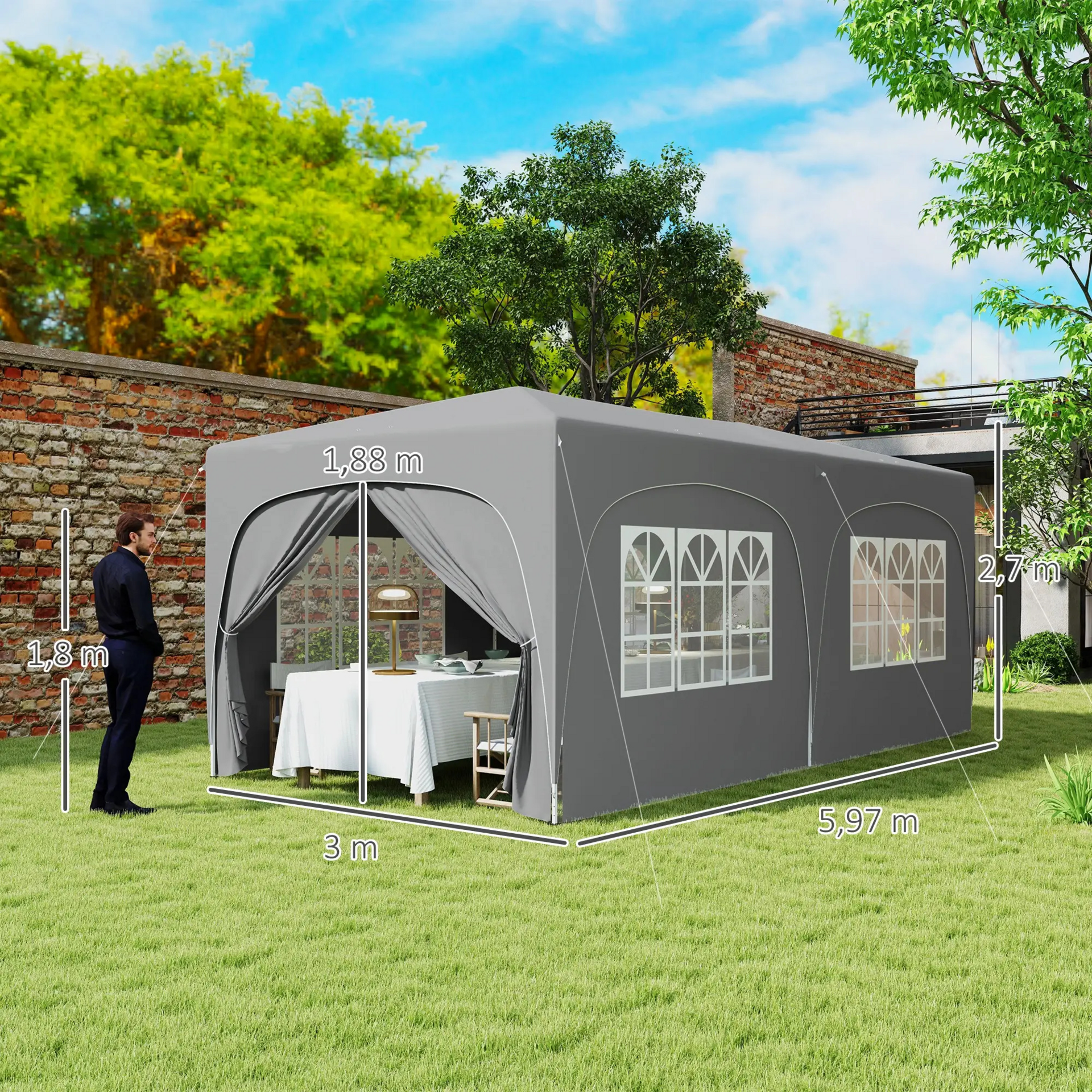 Partytent tuinpaviljoen 6x3m grijs – Easy up met zijwanden en in hoogte verstelbaar