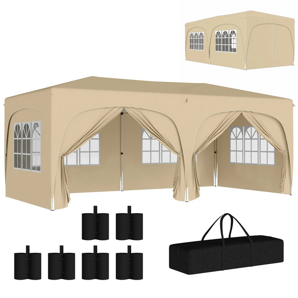 Partytent tuinpaviljoen 6x3m zand – Easy up met zijwanden en in hoogte verstelbaar
