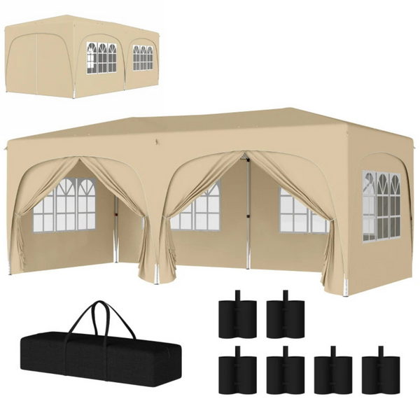 Partytent tuinpaviljoen 6x3m zand – Easy up met zijwanden en in hoogte verstelbaar