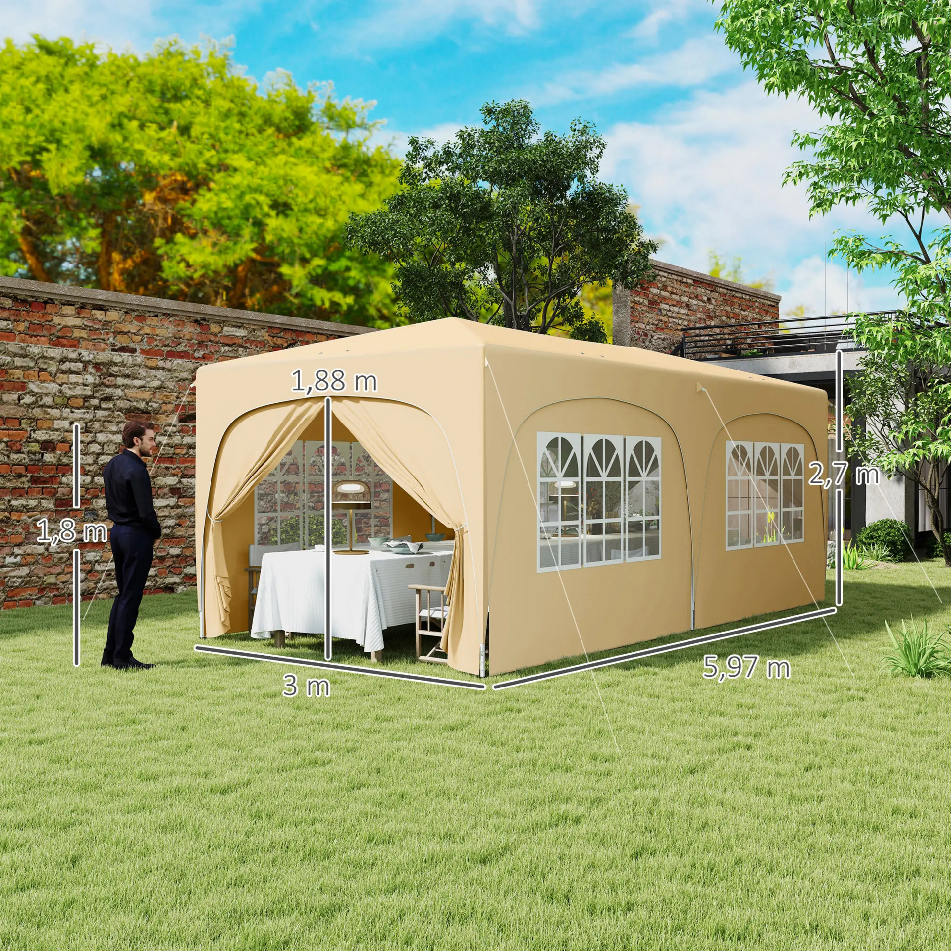 Partytent tuinpaviljoen 6x3m zand – Easy up met zijwanden en in hoogte verstelbaar
