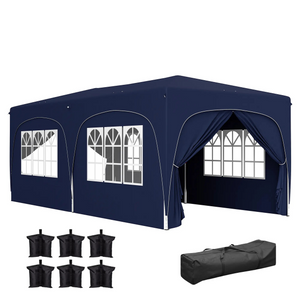 Partytent tuinpaviljoen 6x3m blauw – Easy up met zijwanden en in hoogte verstelbaar, inclusief draagtas en zandzakken