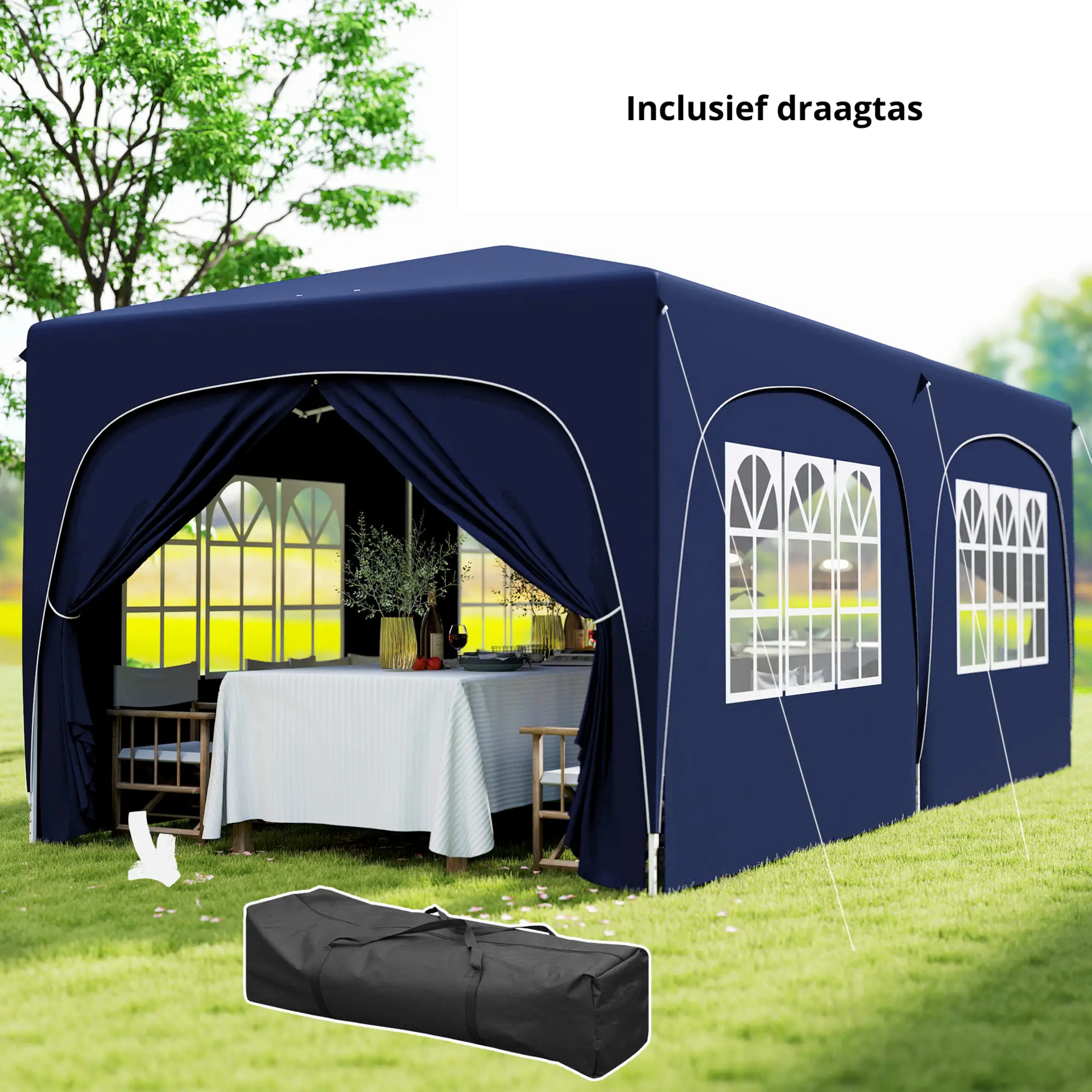 Partytent tuinpaviljoen 6x3m blauw – Easy up met zijwanden en in hoogte verstelbaar
