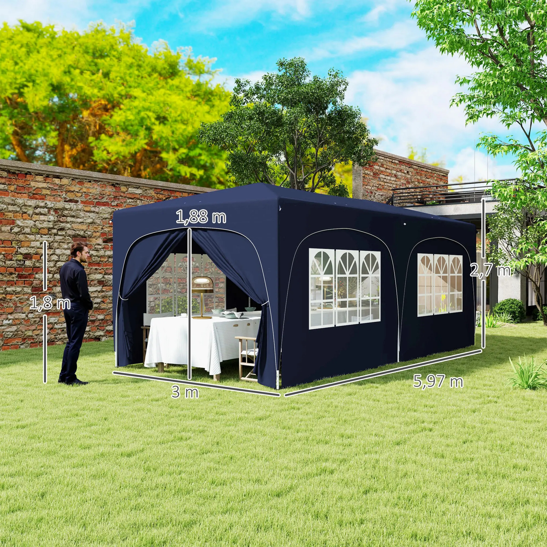 Partytent tuinpaviljoen 6x3m blauw – Easy up met zijwanden en in hoogte verstelbaar