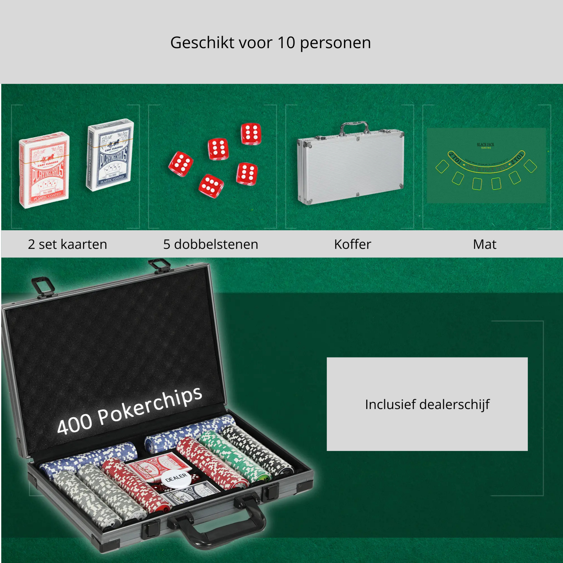 Complete pokerset met 400 chips, koffer en pokermat – alles voor jouw eigen pokeravond