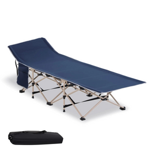 Blauwe opvouwbare stretcher 190x68x52 cm – stevig campingbed met inklapbaar frame en draagtas voor eenvoudig vervoer