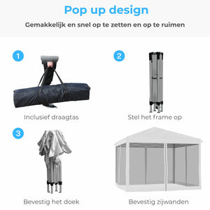 Wit tuinpaviljoen partytent paviljoen zonwering 3x3 meter met draagtas en eenvoudig snel op te zetten frame