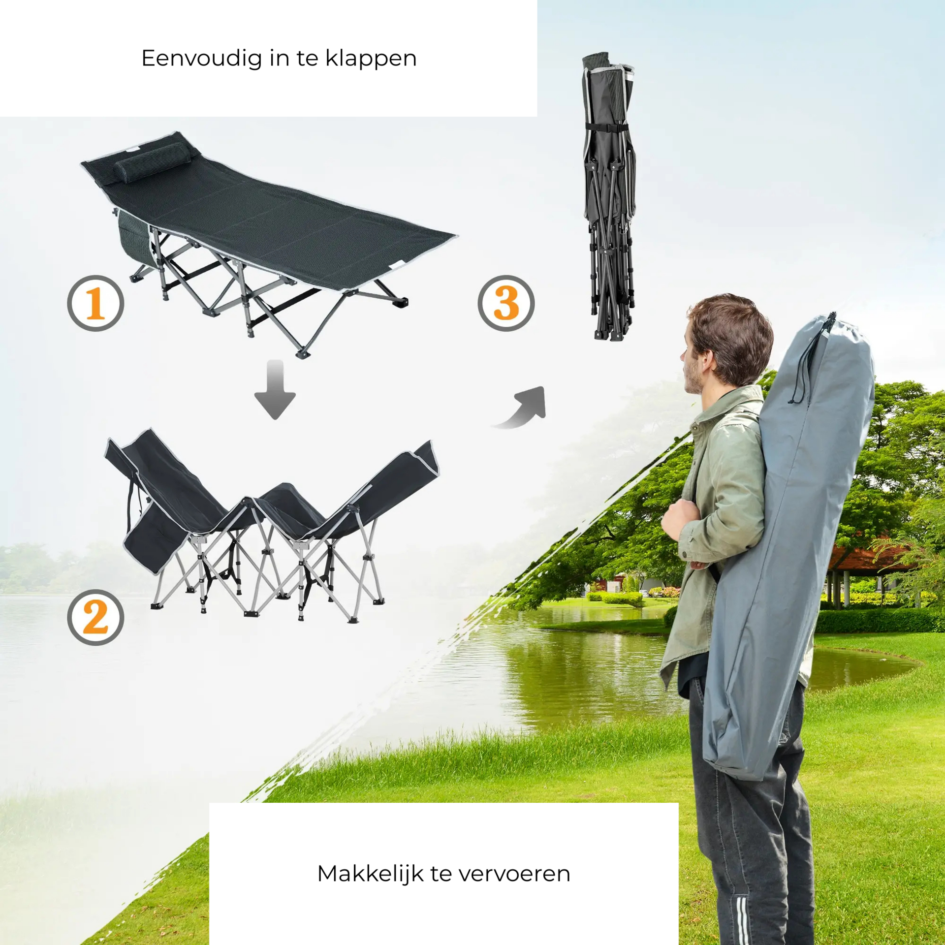 Grijs vouwbaar veldbed 188x64x53 cm – perfecte stretcher voor buiten
