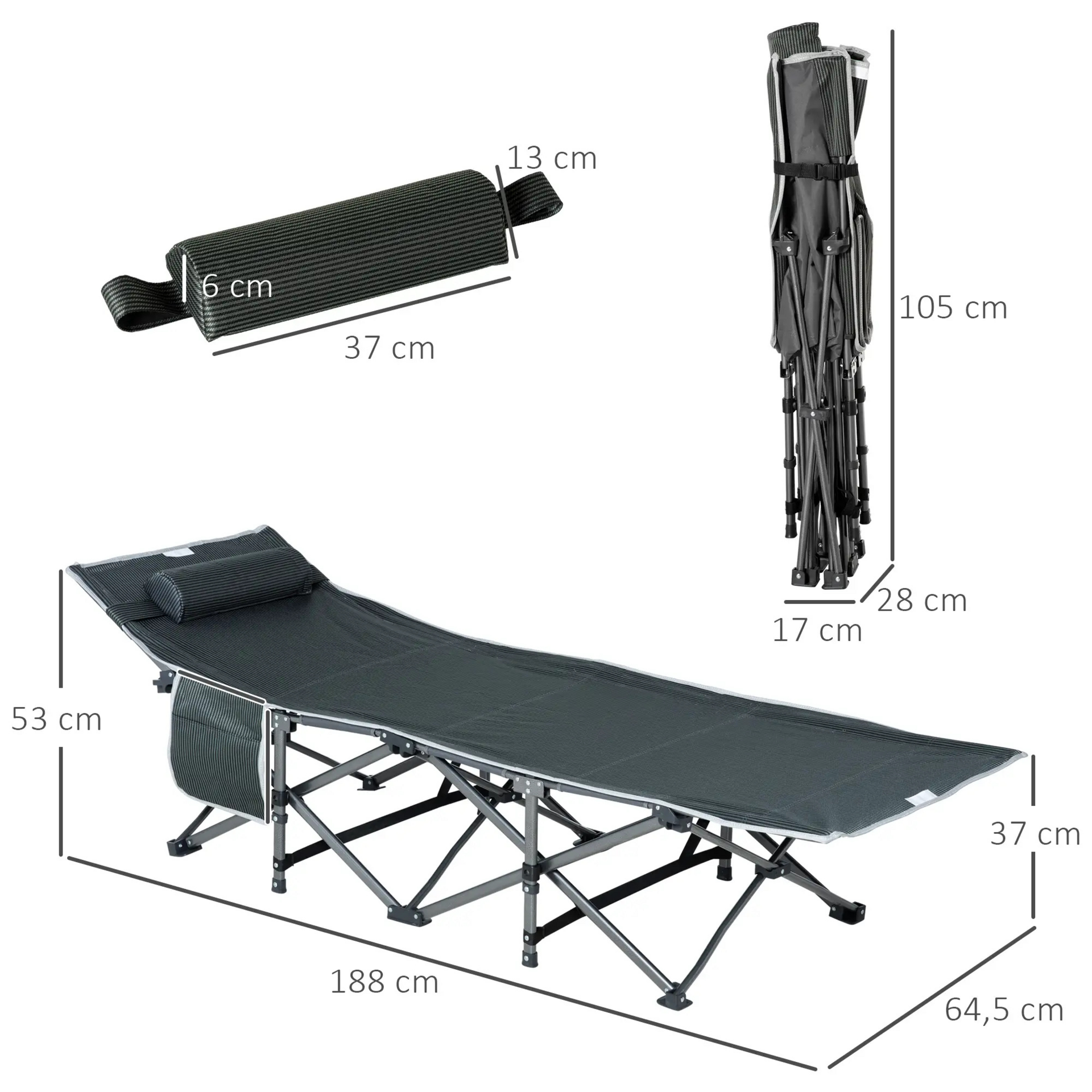 Grijs vouwbaar veldbed 188x64x53 cm – perfecte stretcher voor buiten
