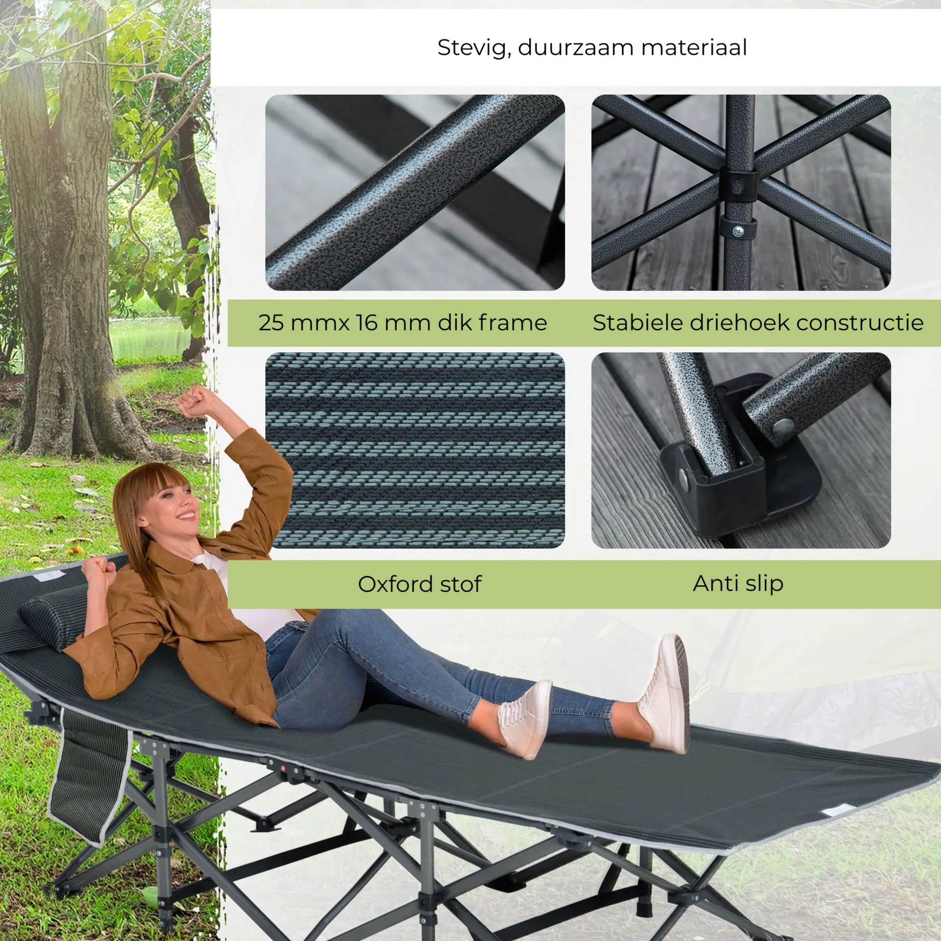 Grijs vouwbaar veldbed 188x64x53 cm – perfecte stretcher voor buiten