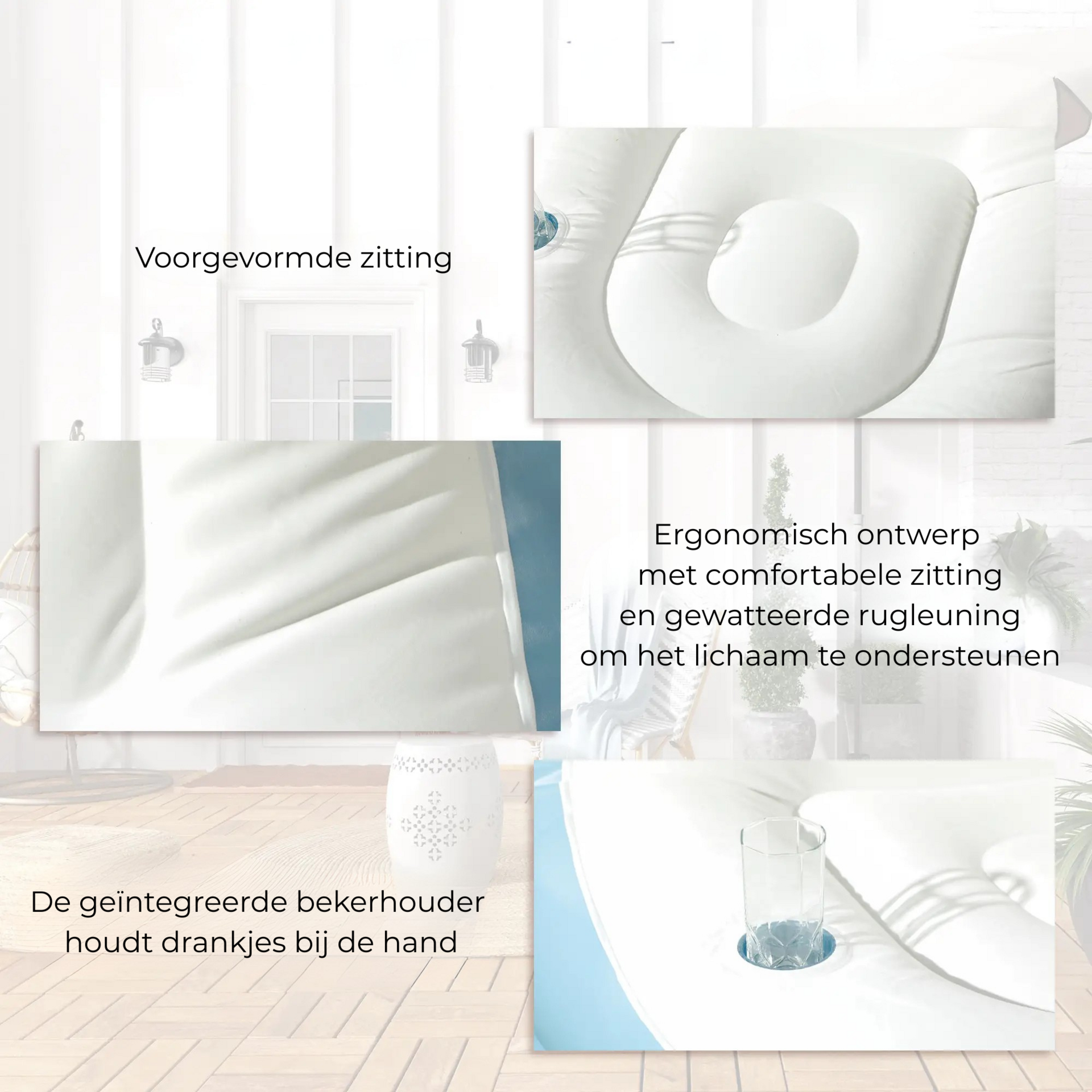 Comfortabele witte relaxstoel met voetenbank opblaasbaar – 125x100x87 cm