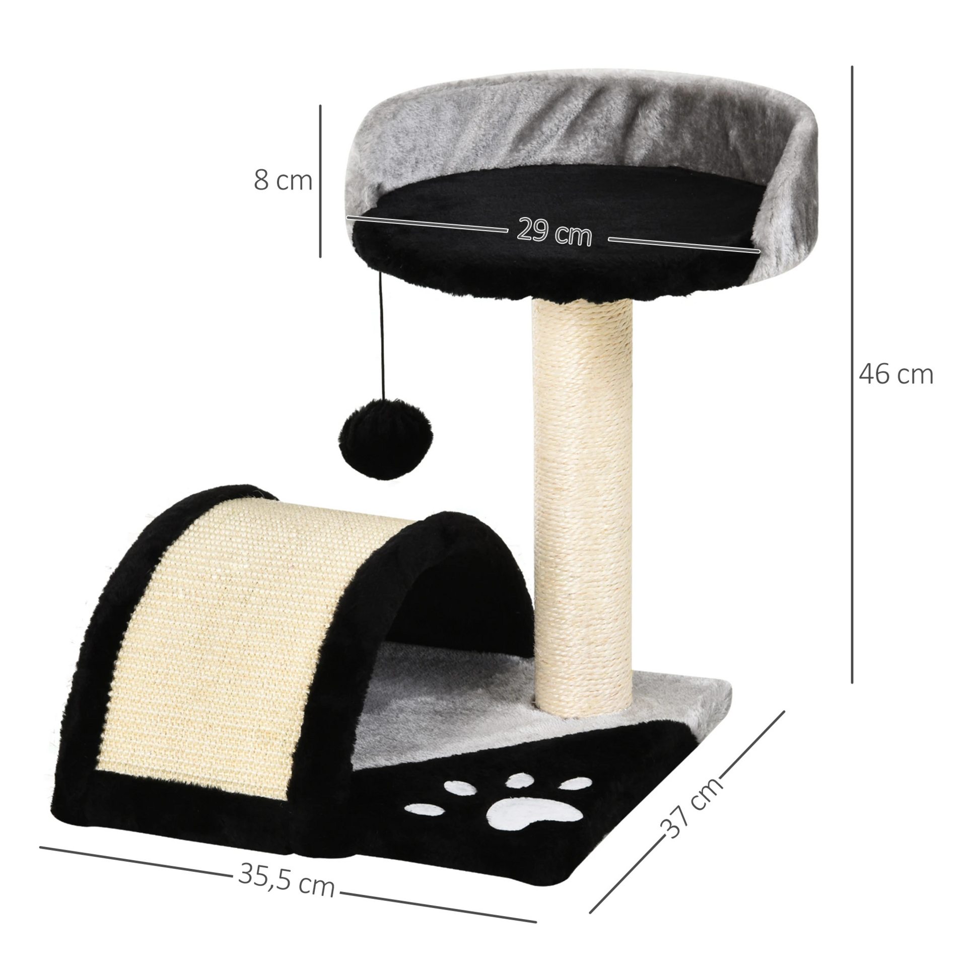 Compacte zwarte krabpaal 35x37x46 cm – met speelbal en sisal