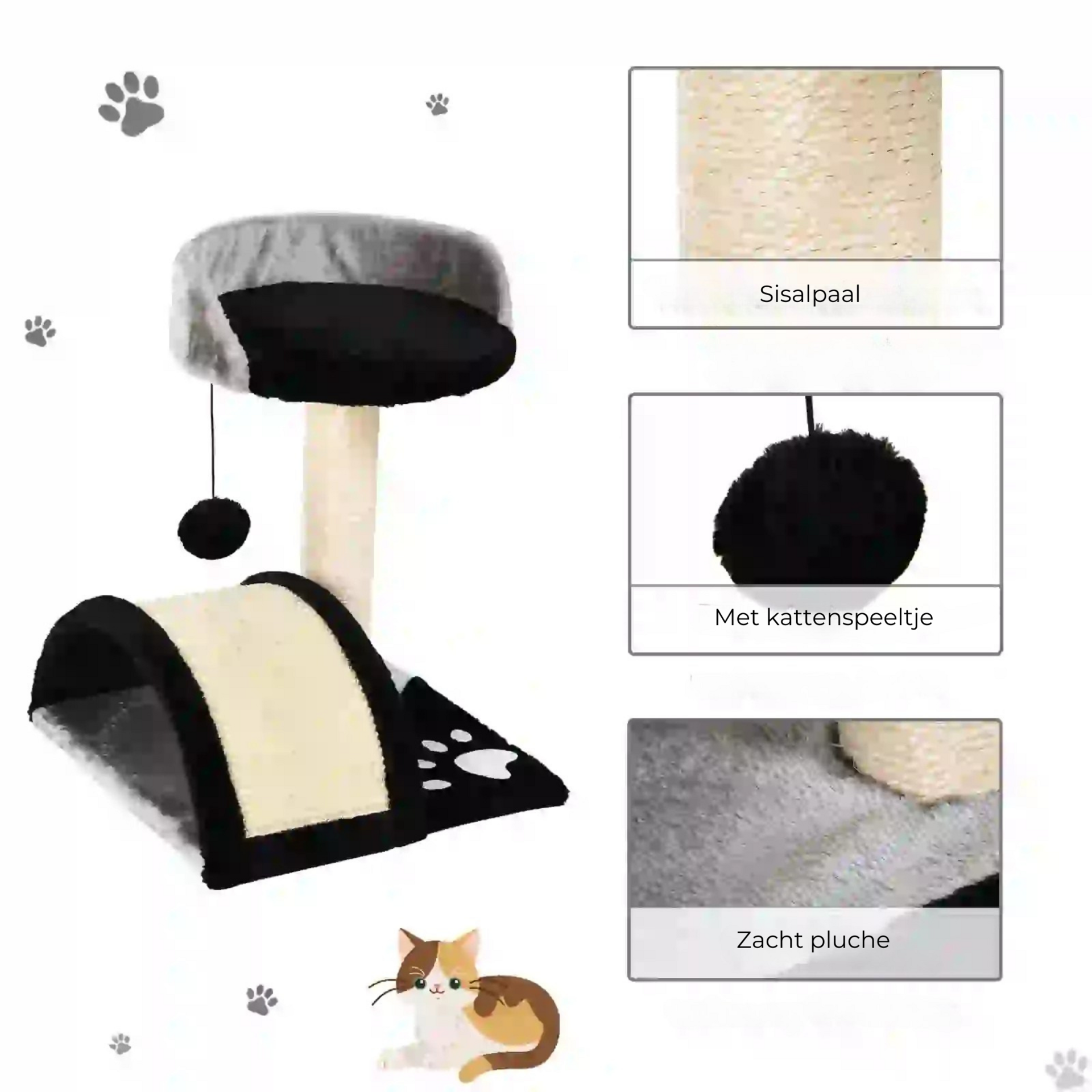 Compacte zwarte krabpaal 35x37x46 cm – met speelbal en sisal
