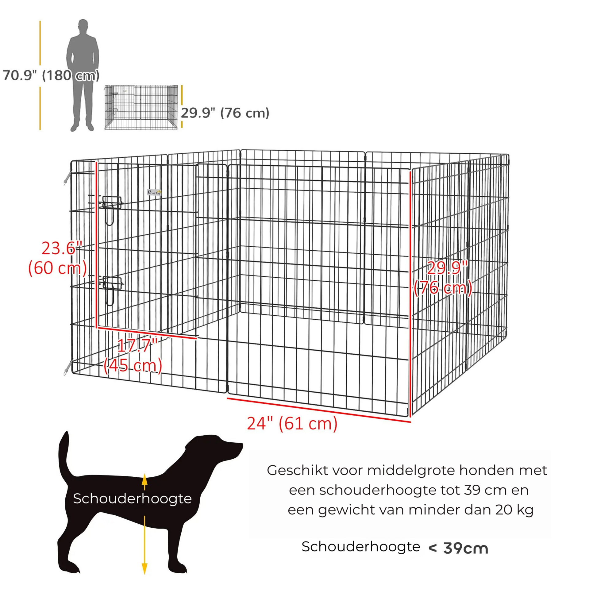 Verplaatsbare hondenren 76 cm zwart – veilig buitenverblijf voor puppy’s en middelgrote honden tot 20 kg