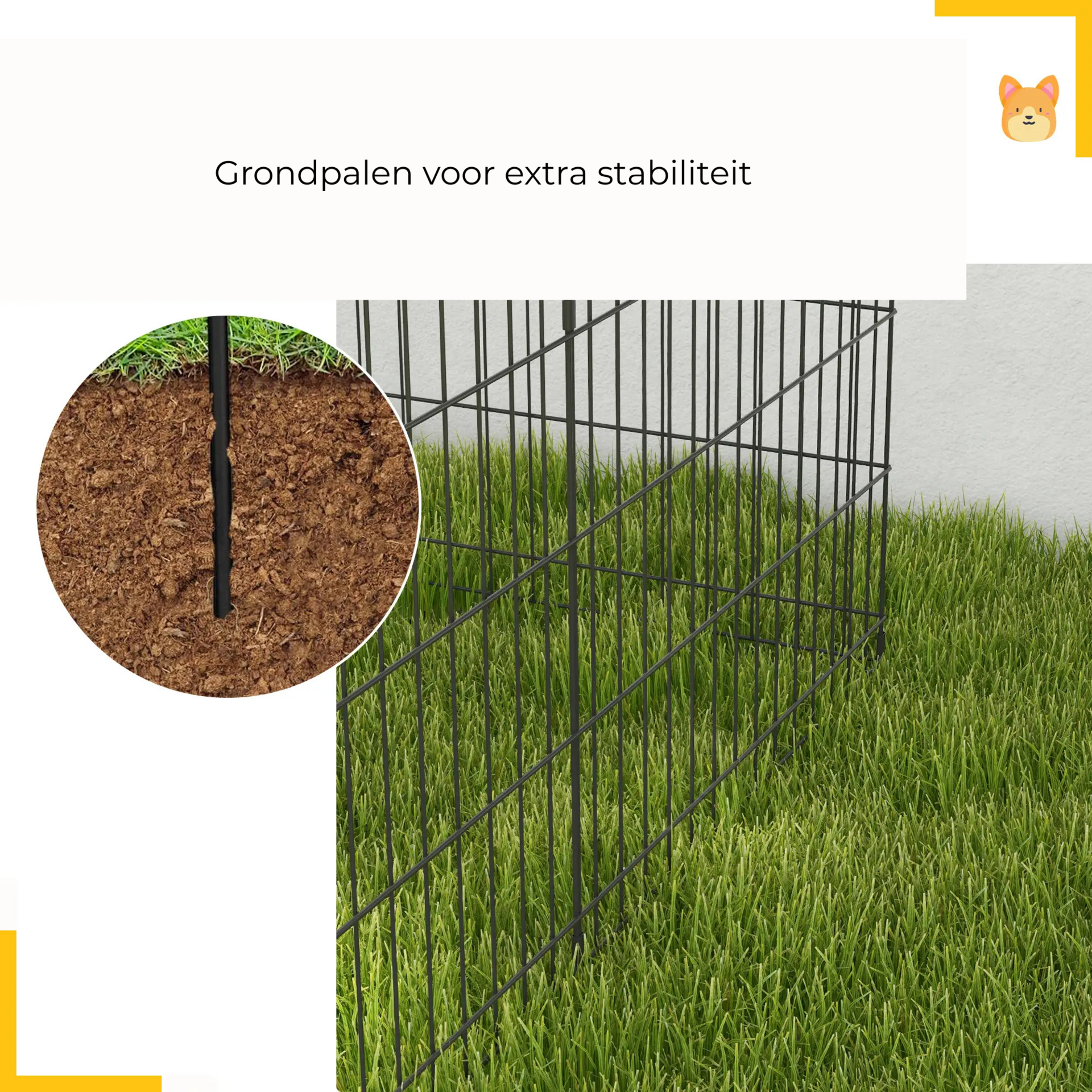 Verplaatsbare hondenren 76 cm zwart – extra stabiliteit door grondpalen voor veilig buitenverblijf puppy’s