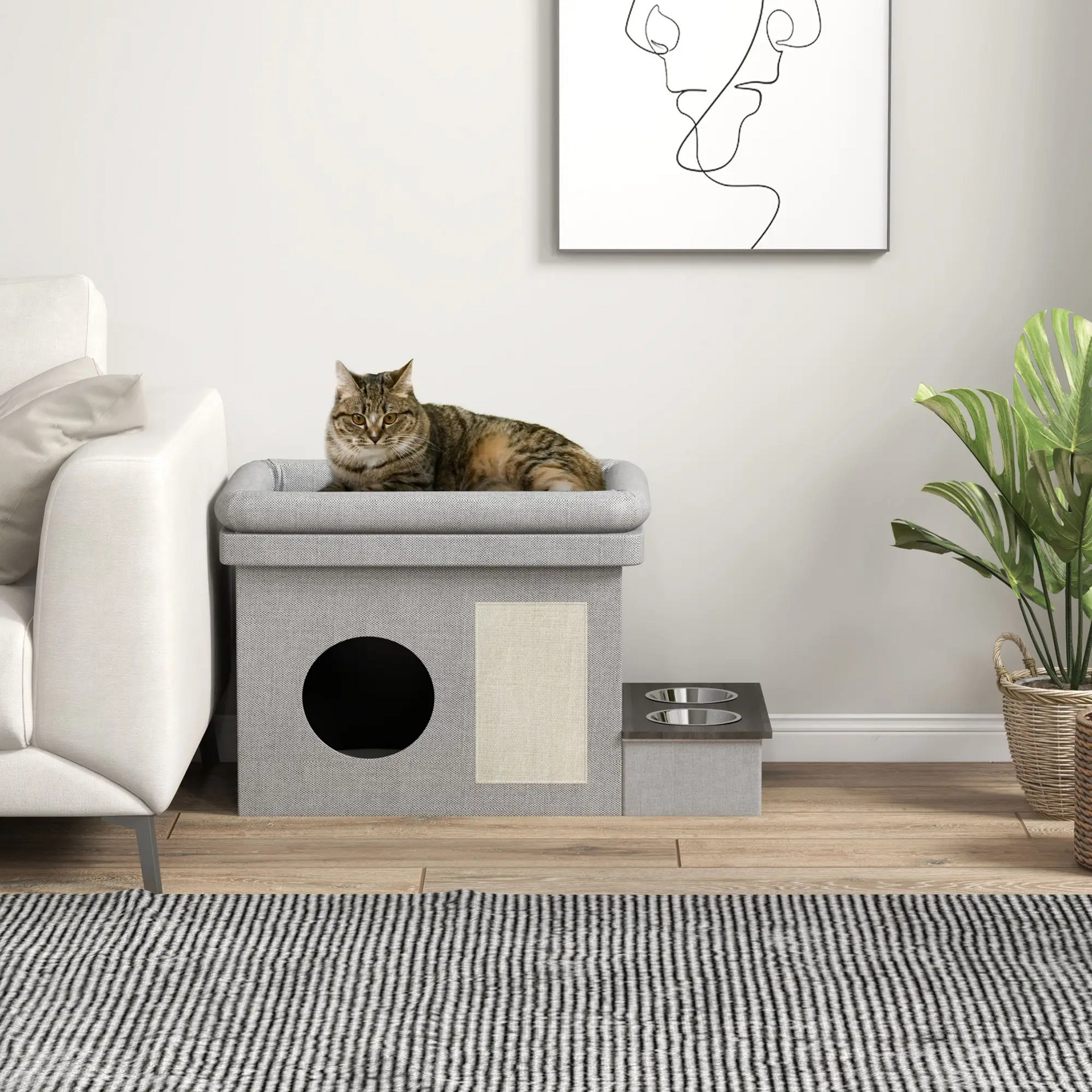 Kattenhok met ligbed en voerbakken 78x48x49 cm – kattenhuis met kattenmand grijs