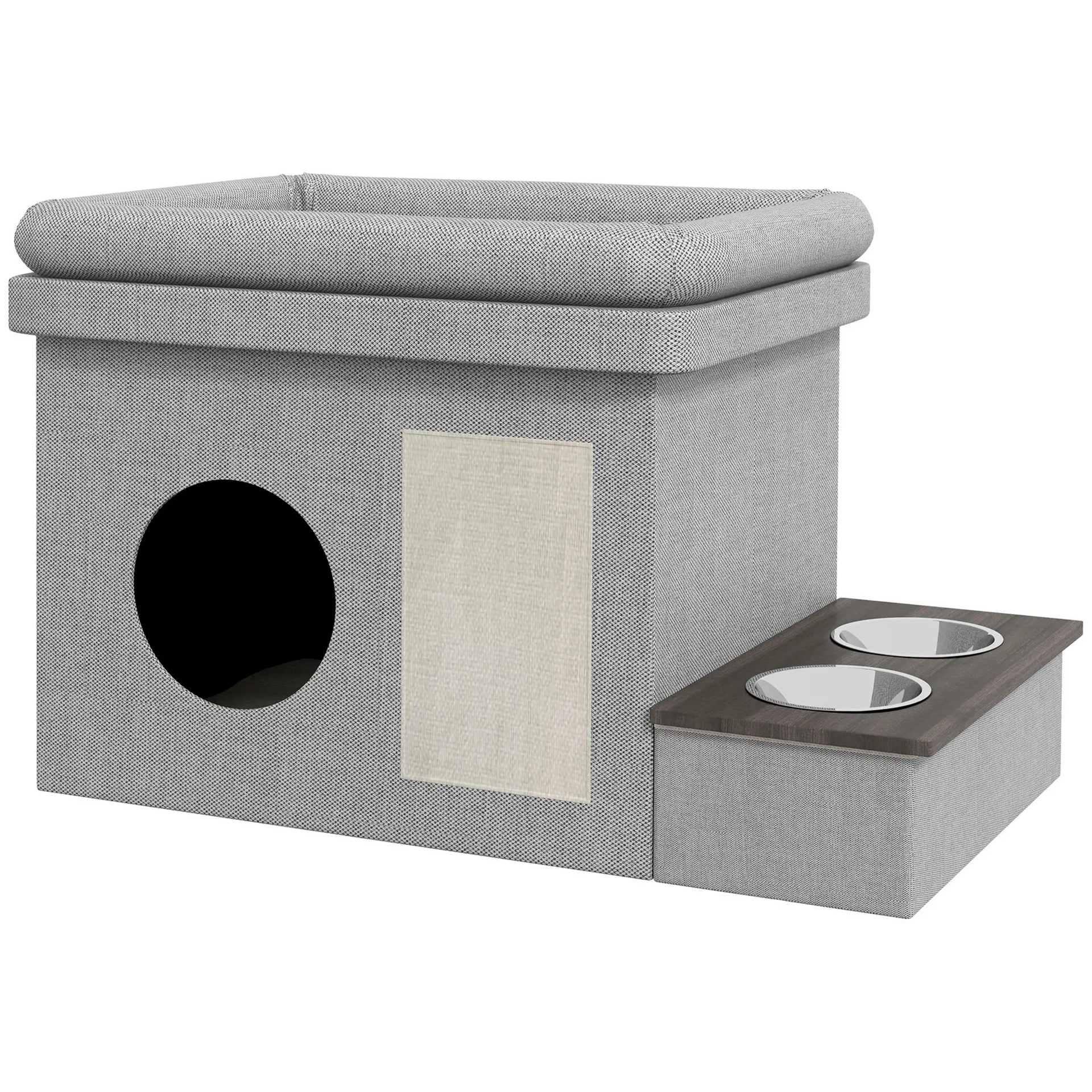 Kattenhok met ligbed en voerbakken 78x48x49 cm – kattenhuis met kattenmand grijs