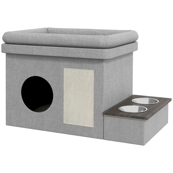 Kattenhok met ligbed en voerbakken 78x48x49 cm – kattenhuis met kattenmand grijs