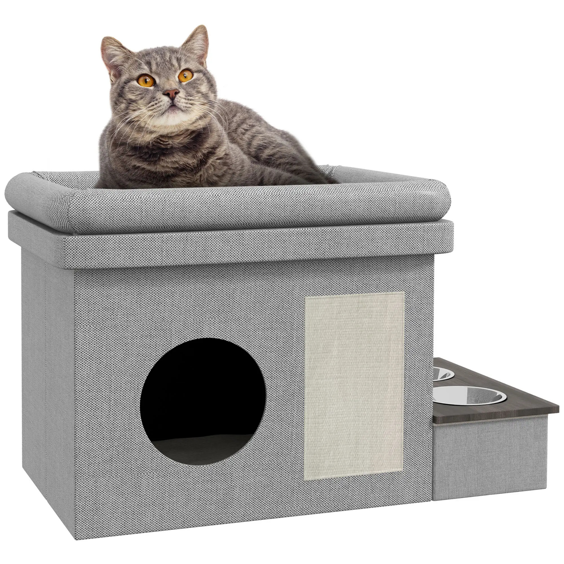 Kattenhok met ligbed en voerbakken 78x48x49 cm – kattenhuis met kattenmand grijs