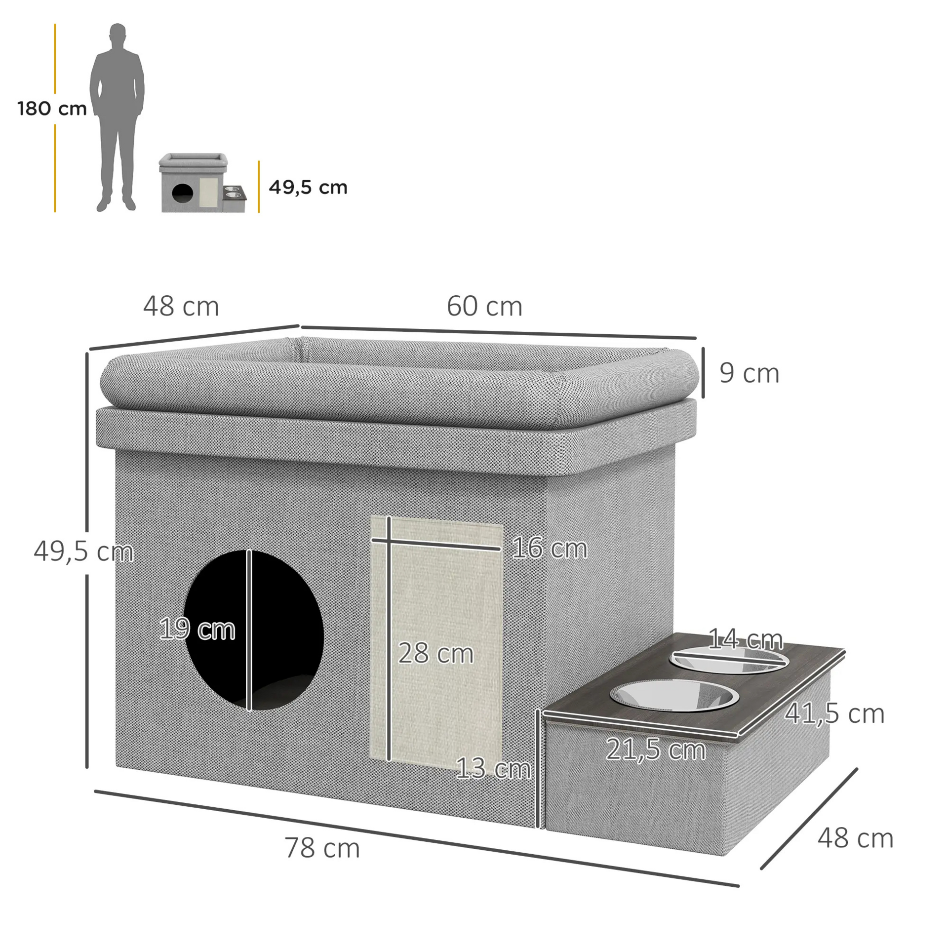 Kattenhok met ligbed en voerbakken 78x48x49 cm – kattenhuis met kattenmand grijs