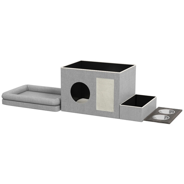 Kattenhok met ligbed en voerbakken 78x48x49 cm – kattenhuis met kattenmand grijs