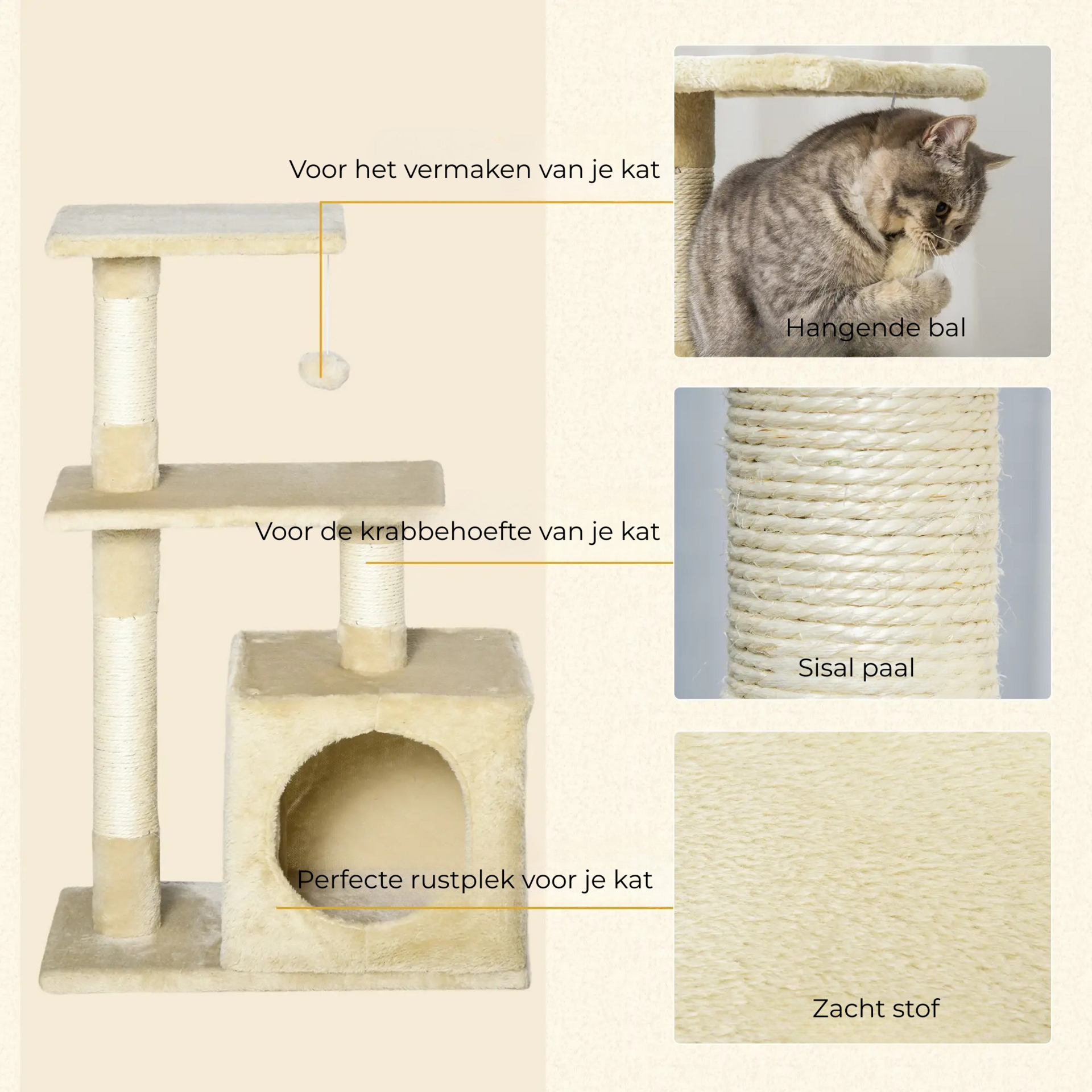 Krabpaal 50x30x81,5 cm – met klimtoren en sisalpalen