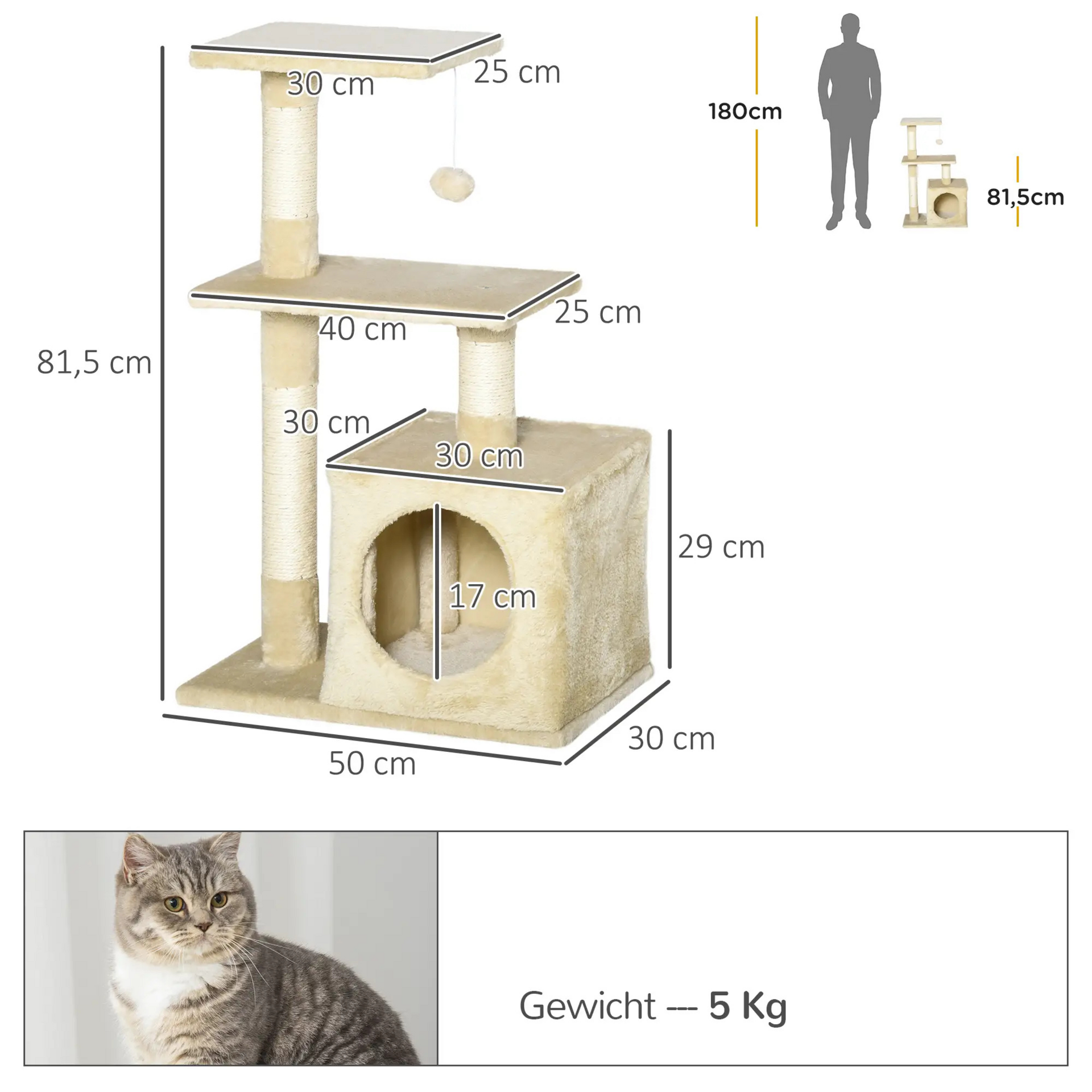 Krabpaal 50x30x81,5 cm – met klimtoren en sisalpalen