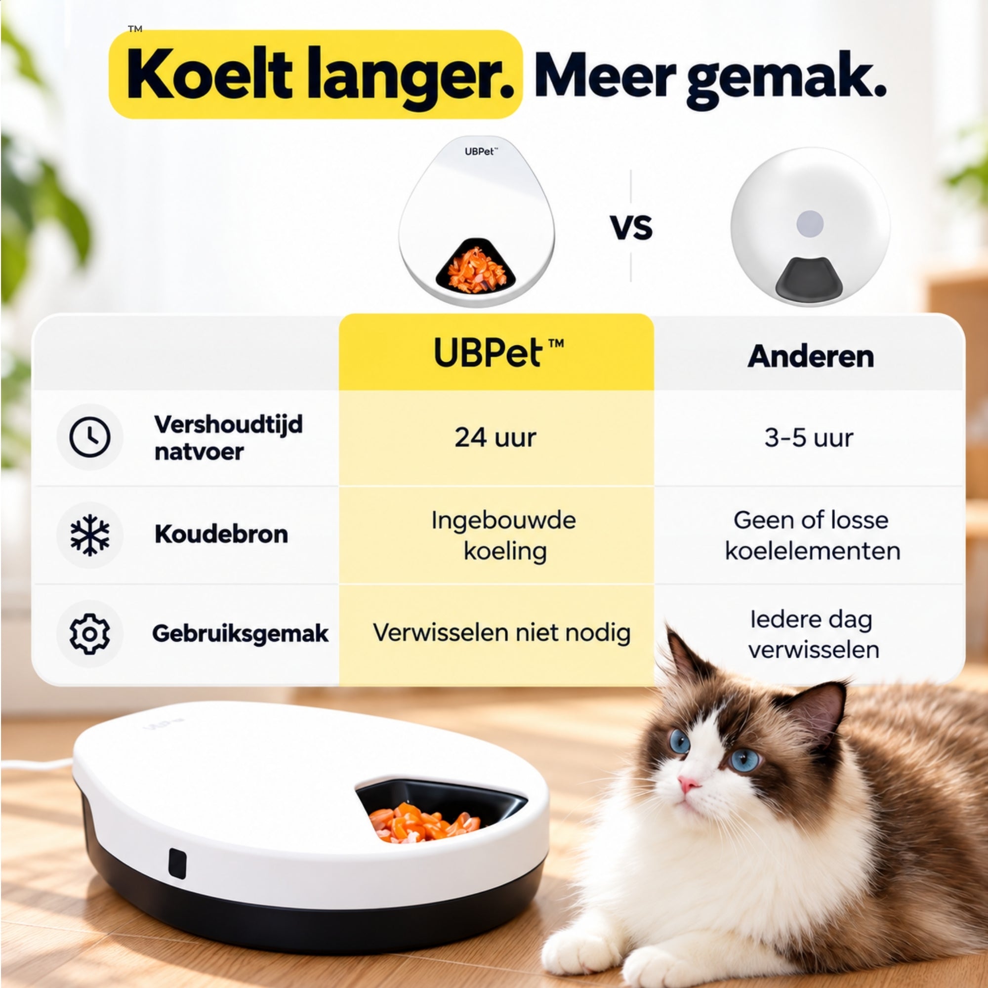UBpet F10 automatische voerbak – met koeling en 5 compartimenten voor vers en koel voer, naast rustige kat.