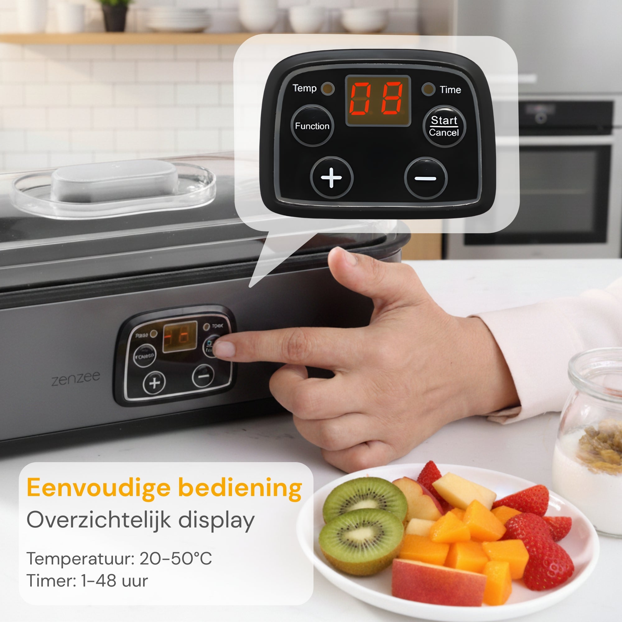 Yoghurtmaker van RVS Antraciet – met 8 glazen potten voor verse huisgemaakte yoghurt | Zenzee (kopie) met digitaal bedieningspaneel voor nauwkeurige temperatuur- en tijdinstelling.