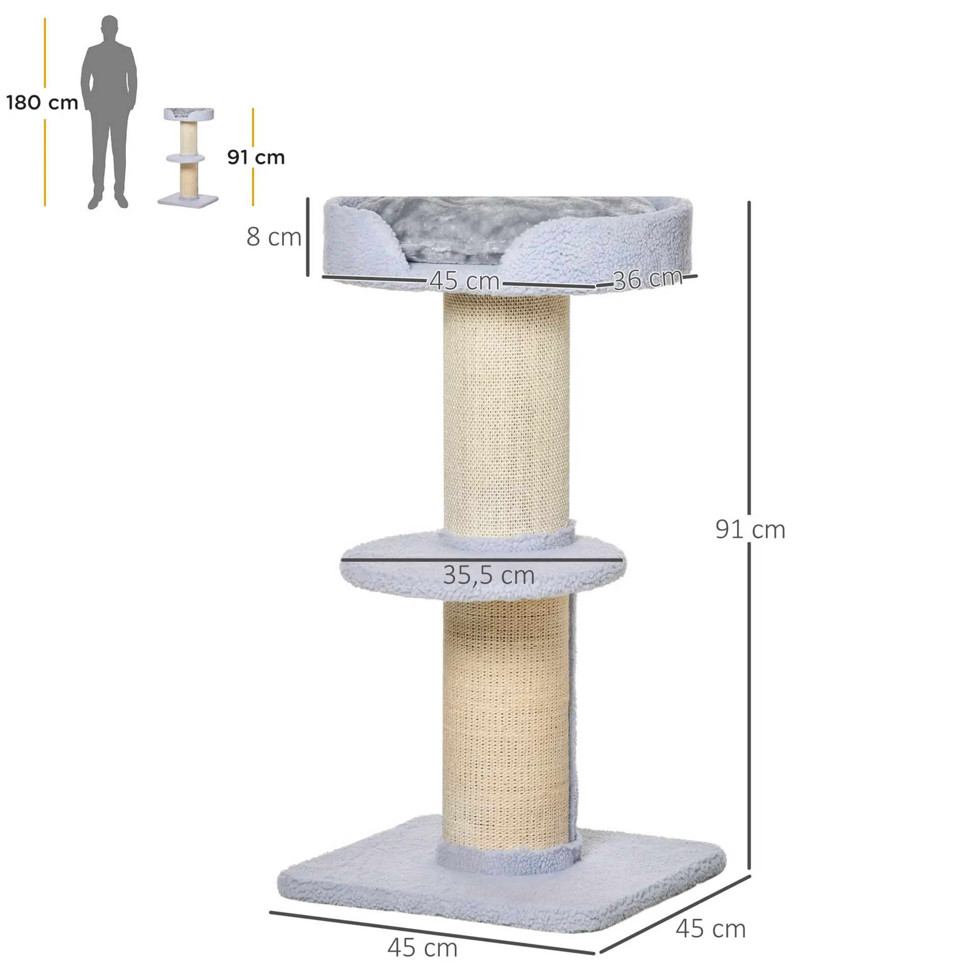 Kattenkrabpaal 91 cm – hoge speel- en krabtoren met sisalpalen en platform
