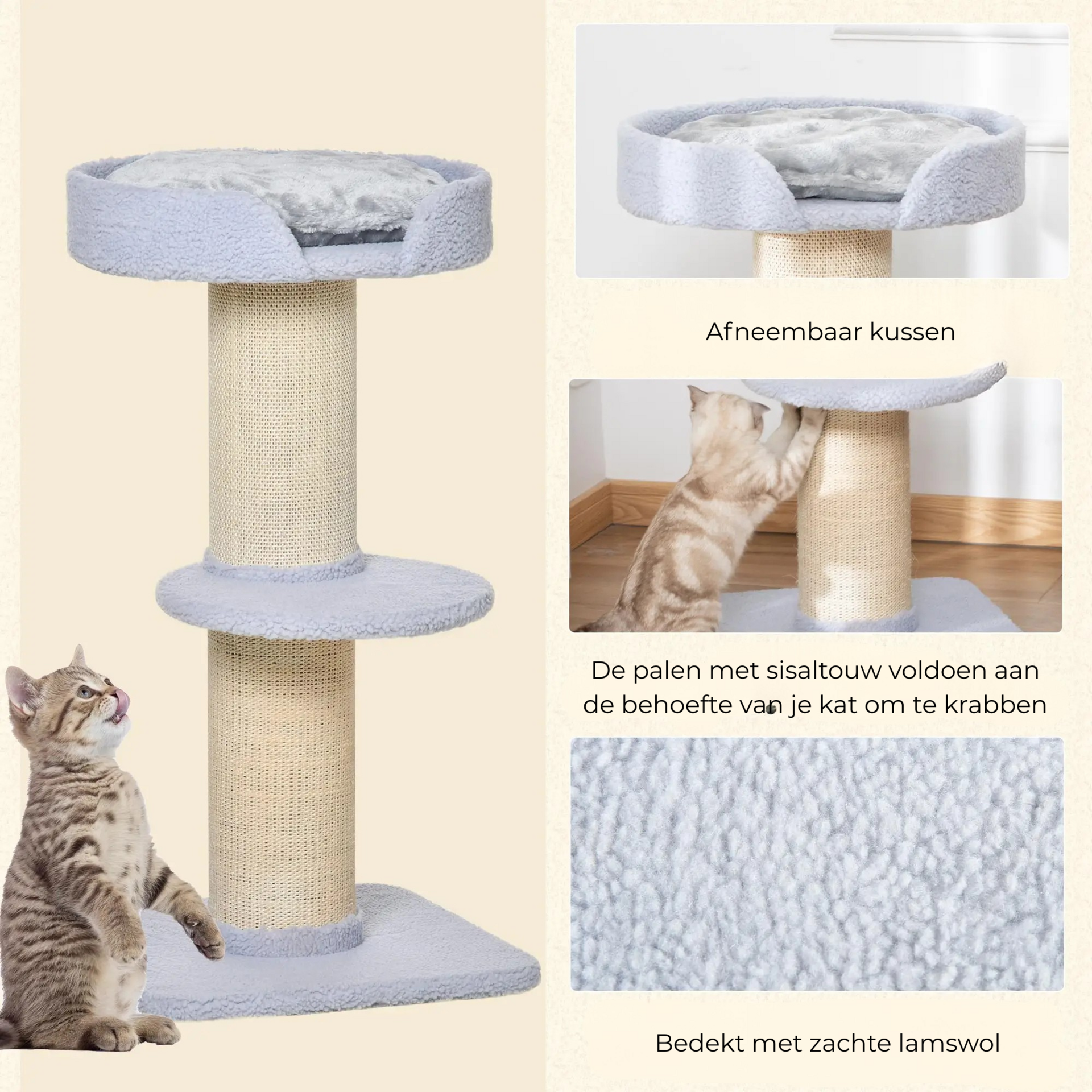 Kattenkrabpaal 91 cm – hoge speel- en krabtoren met sisalpalen en platform