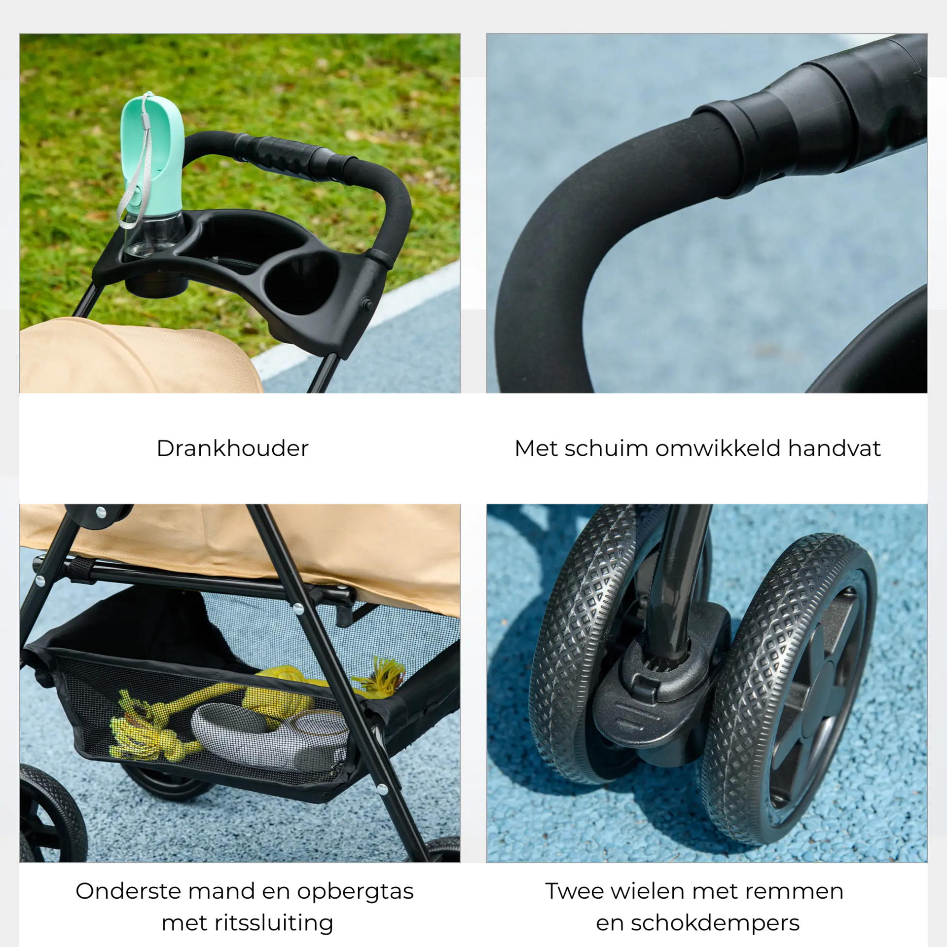 Opvouwbare hondenbuggy kaki 67x45x96 cm – met parkeerrem en opbergvak