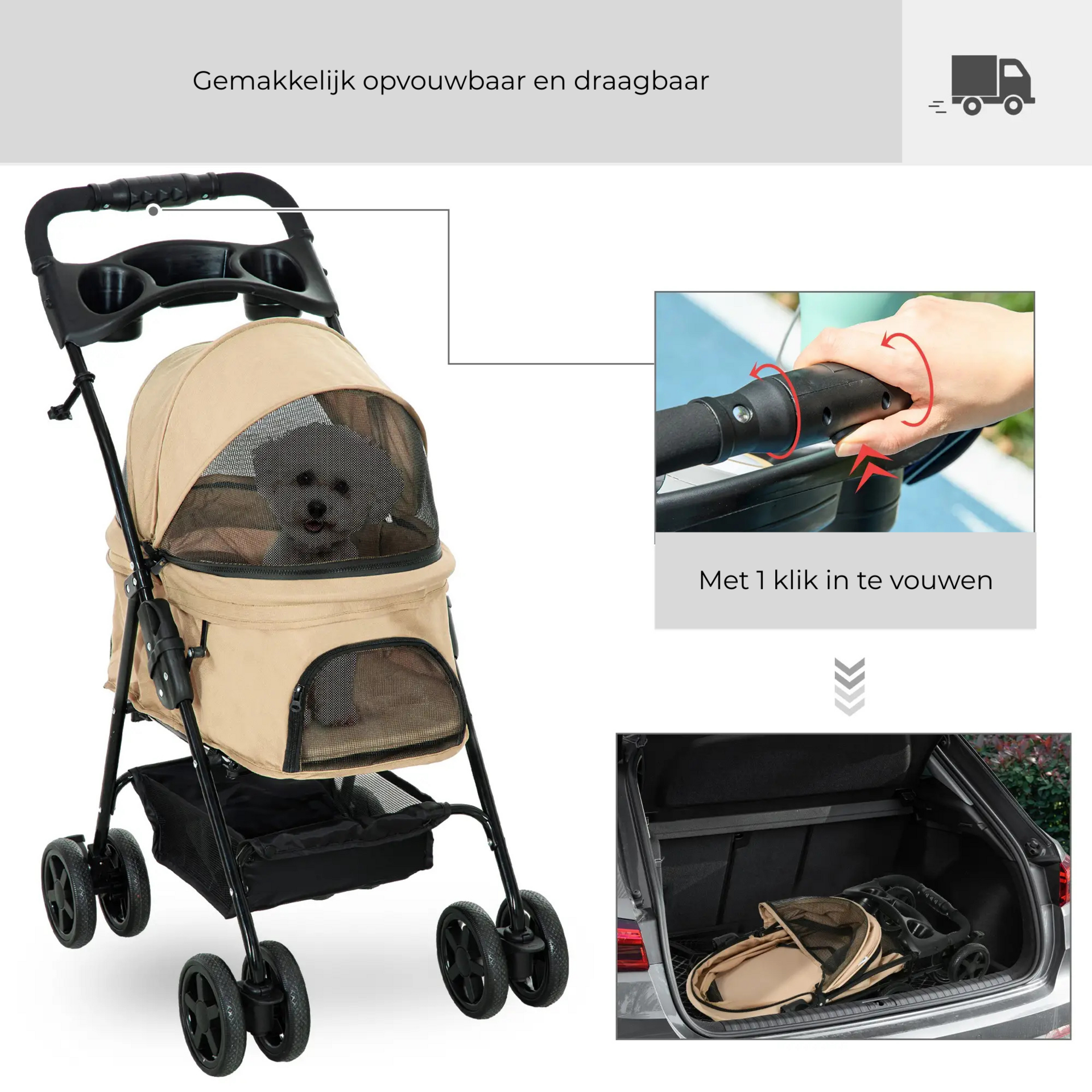 Opvouwbare hondenbuggy kaki 67x45x96 cm – met parkeerrem en opbergvak