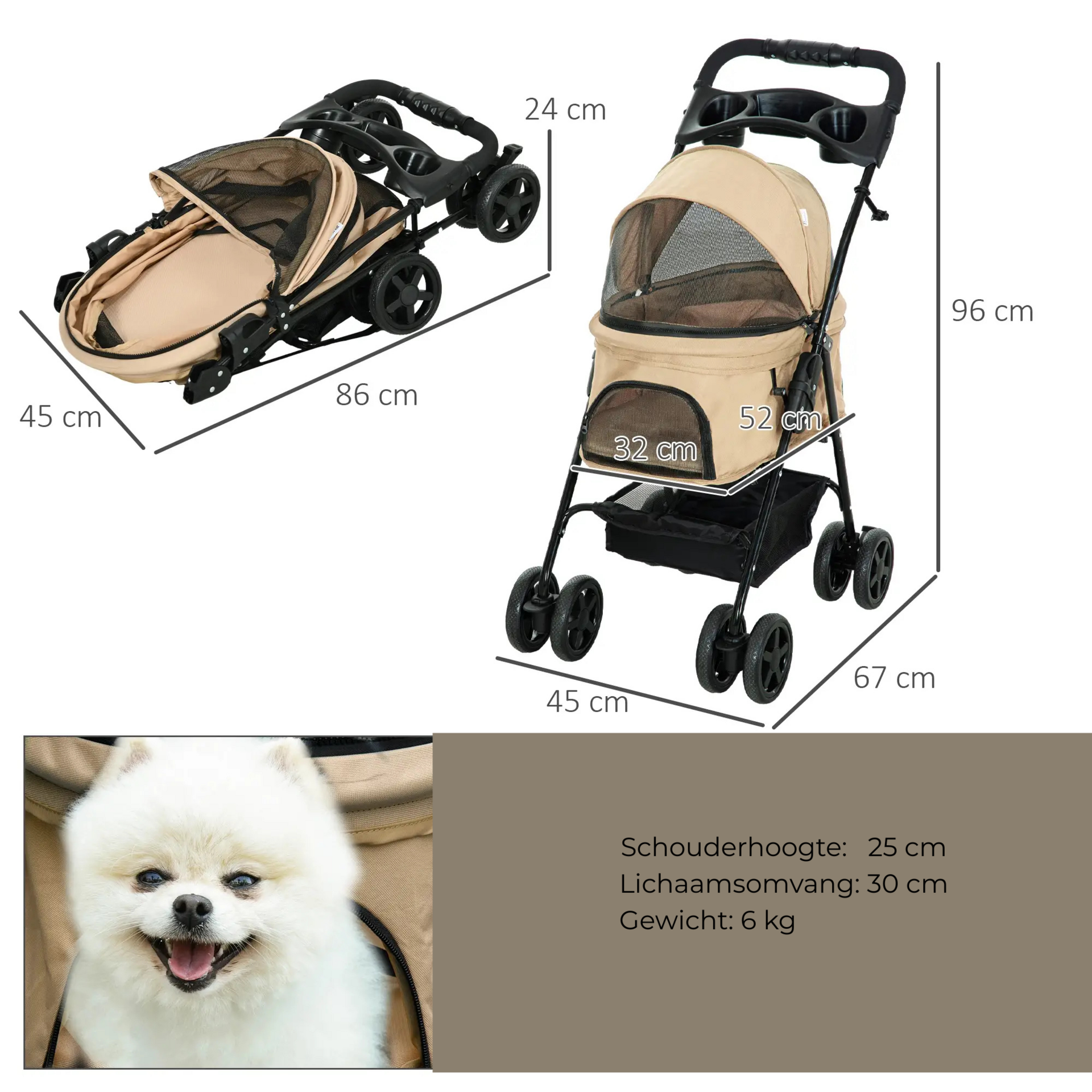 Opvouwbare hondenbuggy kaki 67x45x96 cm – met parkeerrem en opbergvak